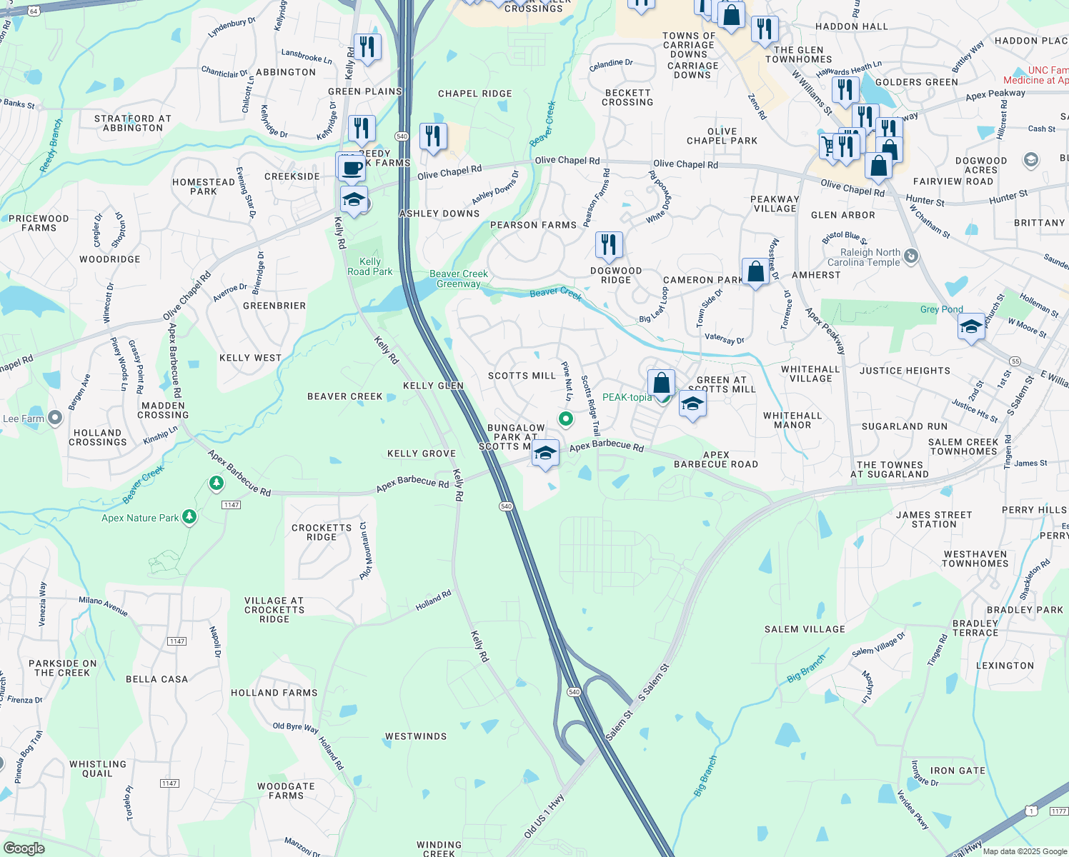 map of restaurants, bars, coffee shops, grocery stores, and more near 1126 Scotts Ridge Trail in Apex