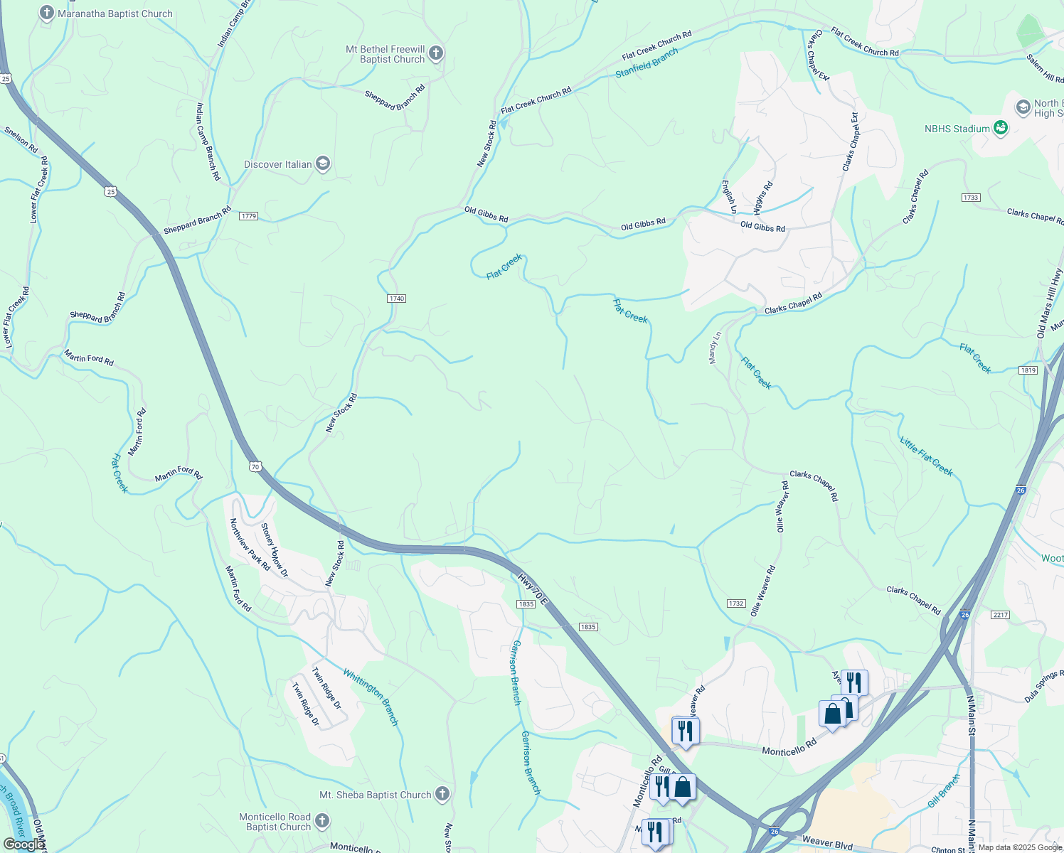map of restaurants, bars, coffee shops, grocery stores, and more near 161 Greenridge Road in Weaverville
