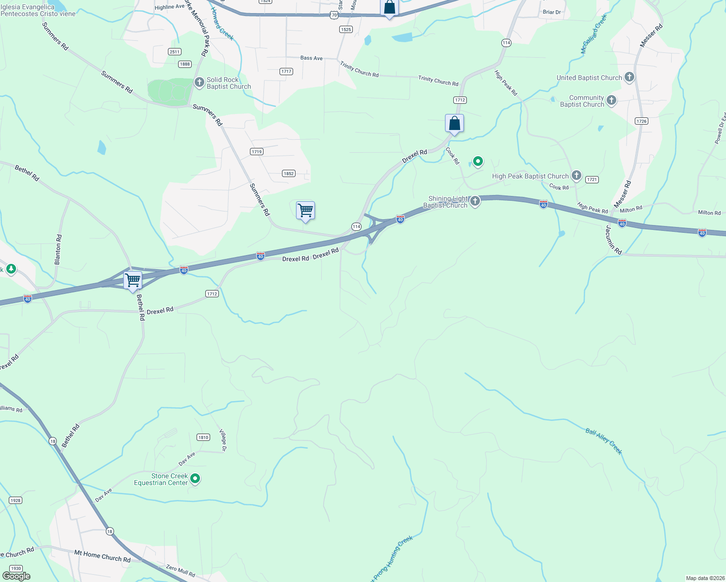 map of restaurants, bars, coffee shops, grocery stores, and more near 3400 Cleet York Road in Valdese