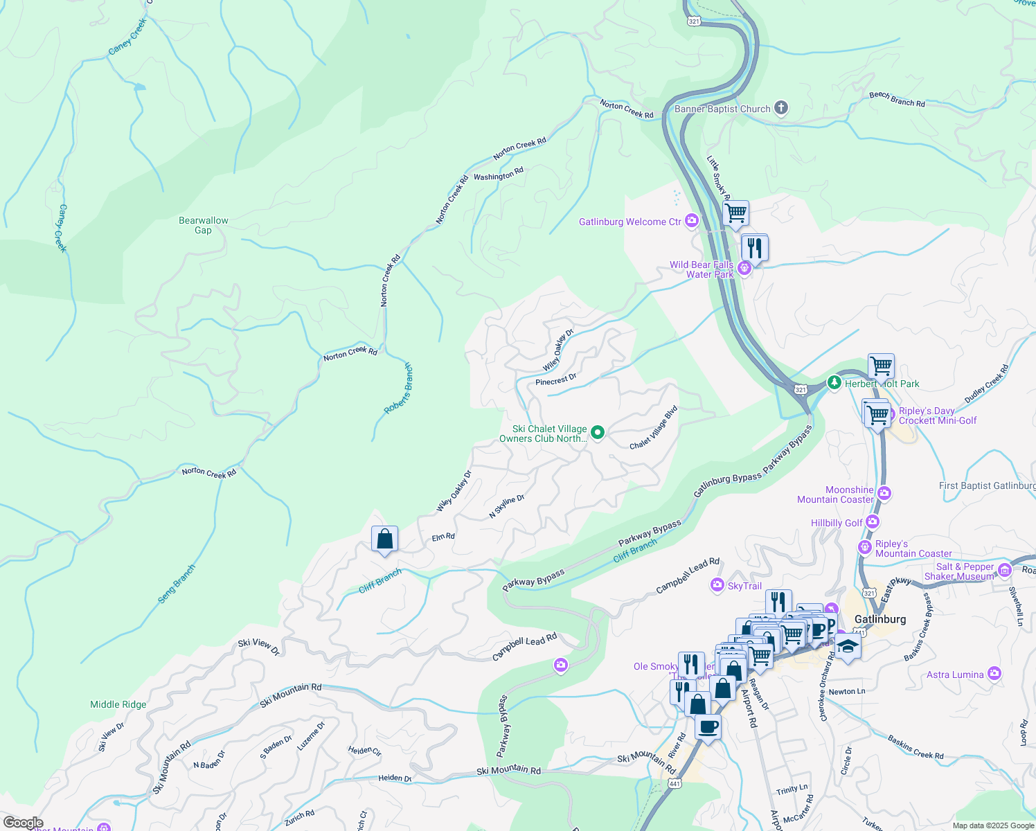 map of restaurants, bars, coffee shops, grocery stores, and more near 782 Chestnut Drive in Gatlinburg