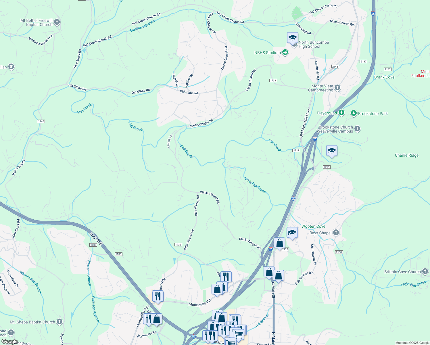 map of restaurants, bars, coffee shops, grocery stores, and more near 236 Clarks Chapel Road in Weaverville