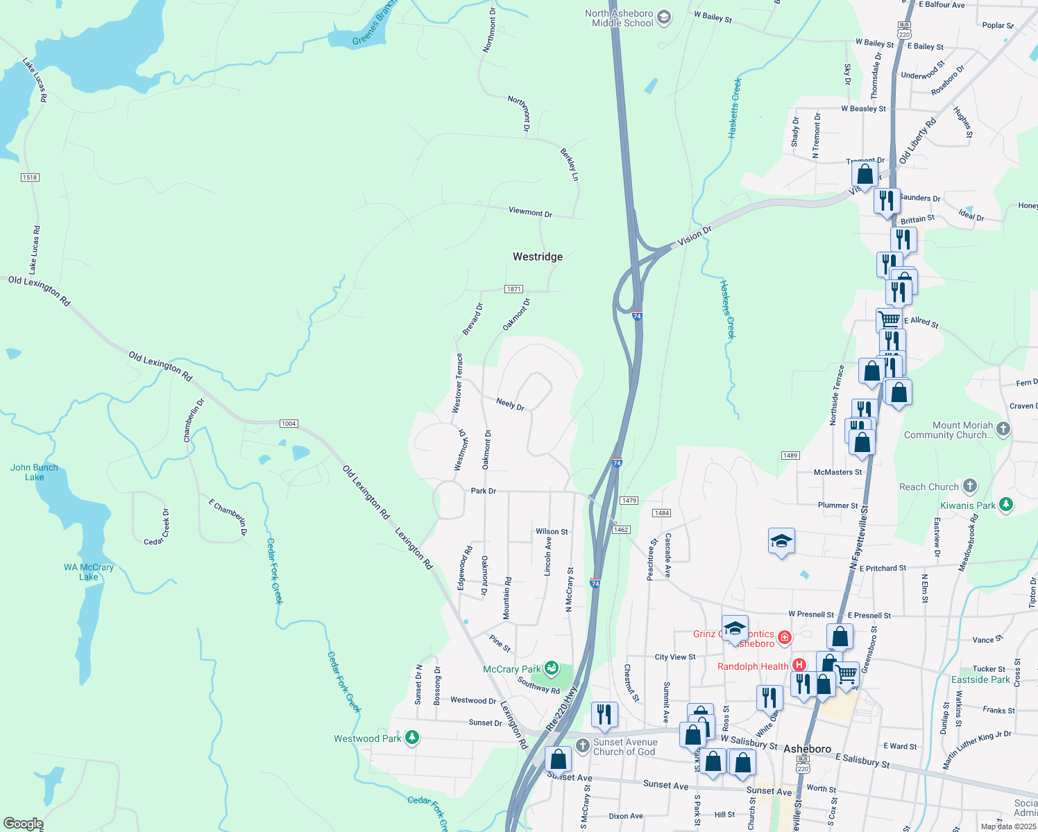 map of restaurants, bars, coffee shops, grocery stores, and more near 1115 Neely Drive in Asheboro