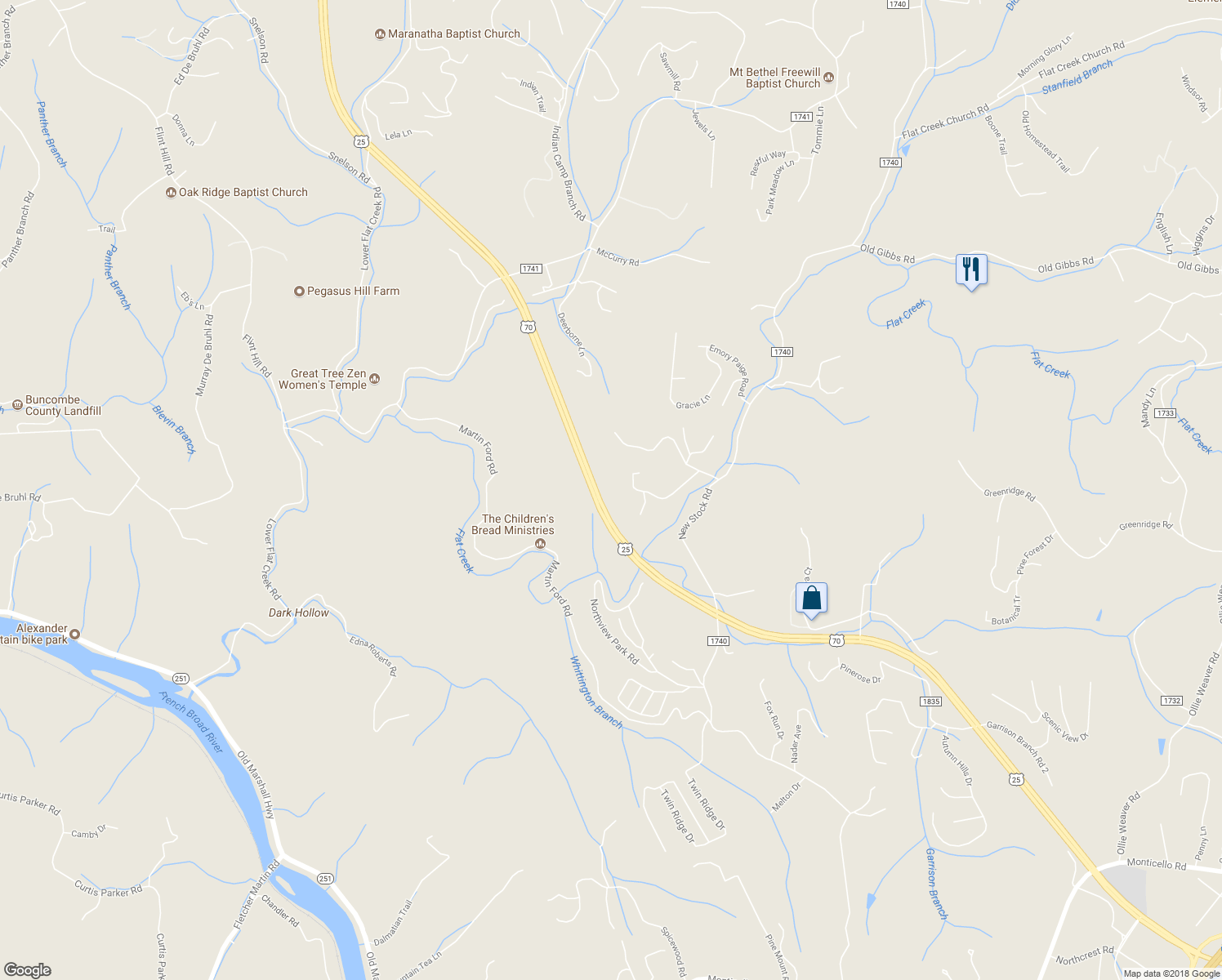 map of restaurants, bars, coffee shops, grocery stores, and more near 40 Clearview Estates Drive in Weaverville