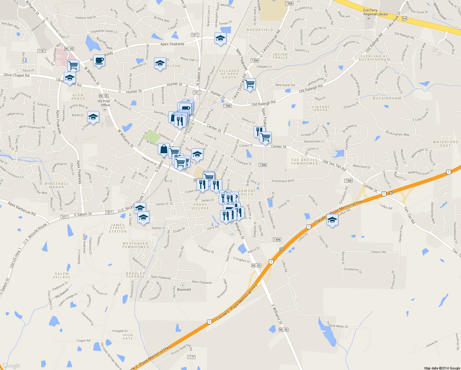 map of restaurants, bars, coffee shops, grocery stores, and more near 305 Wrenn Street in Apex