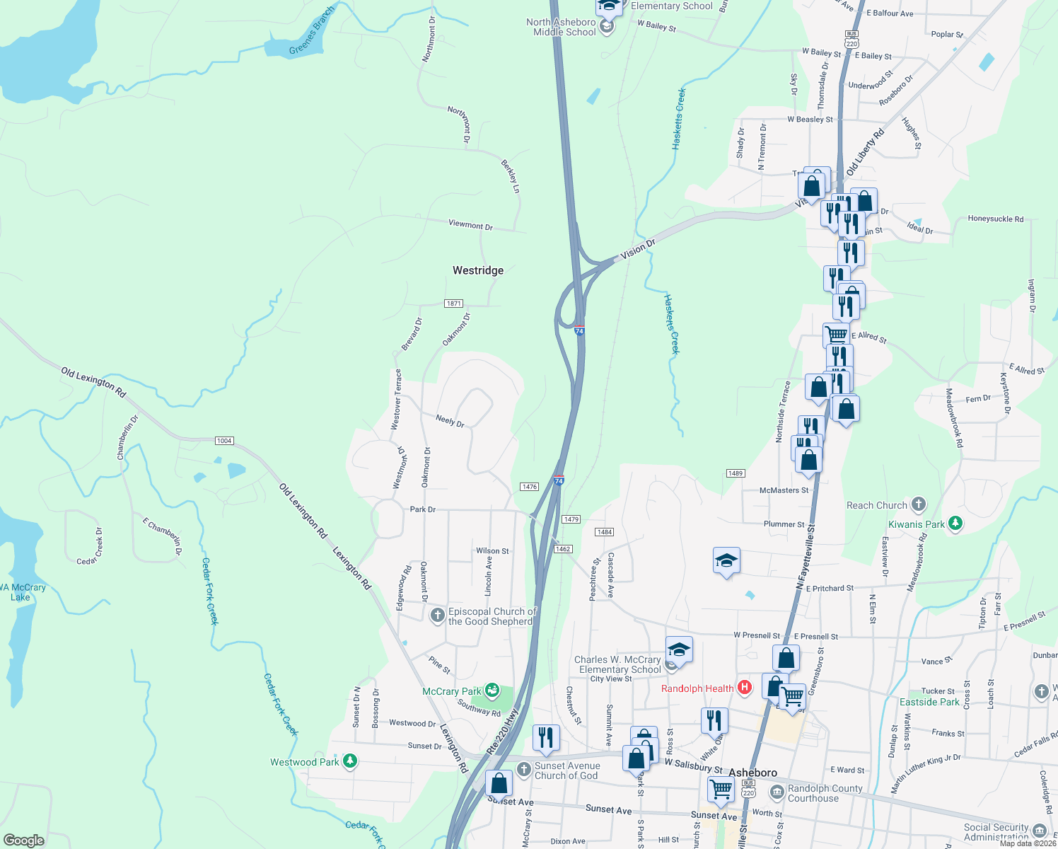map of restaurants, bars, coffee shops, grocery stores, and more near 1426 Thayer Drive in Asheboro