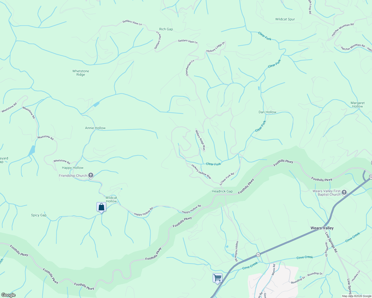 map of restaurants, bars, coffee shops, grocery stores, and more near 2625 Raccoon Hollow Way in Sevierville