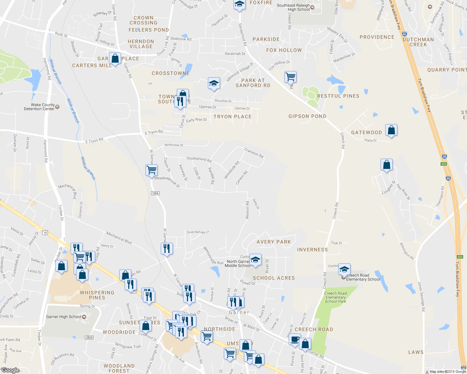 map of restaurants, bars, coffee shops, grocery stores, and more near 503 Corwin Road in Garner