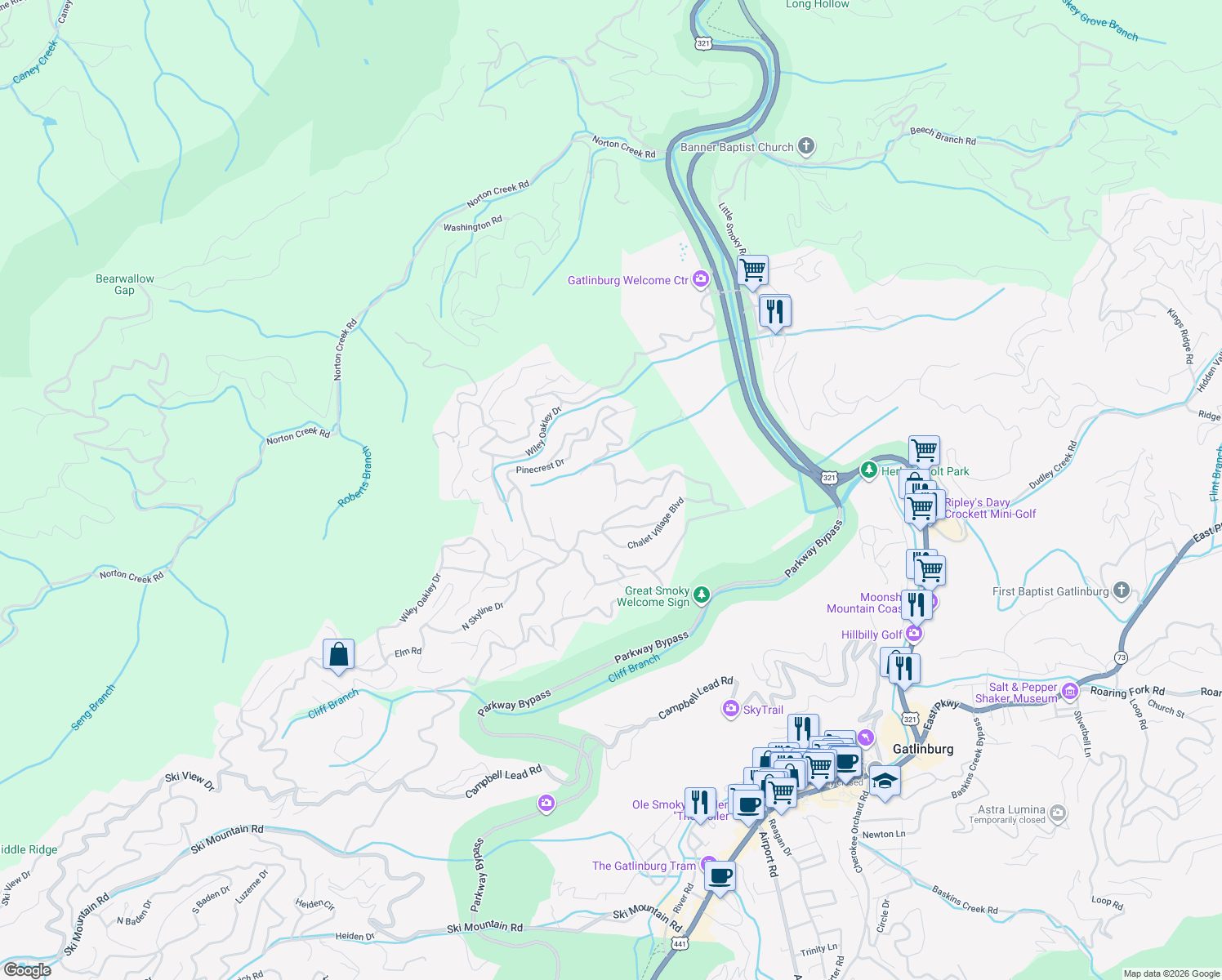 map of restaurants, bars, coffee shops, grocery stores, and more near 920 Crooked Ridge Road in Gatlinburg