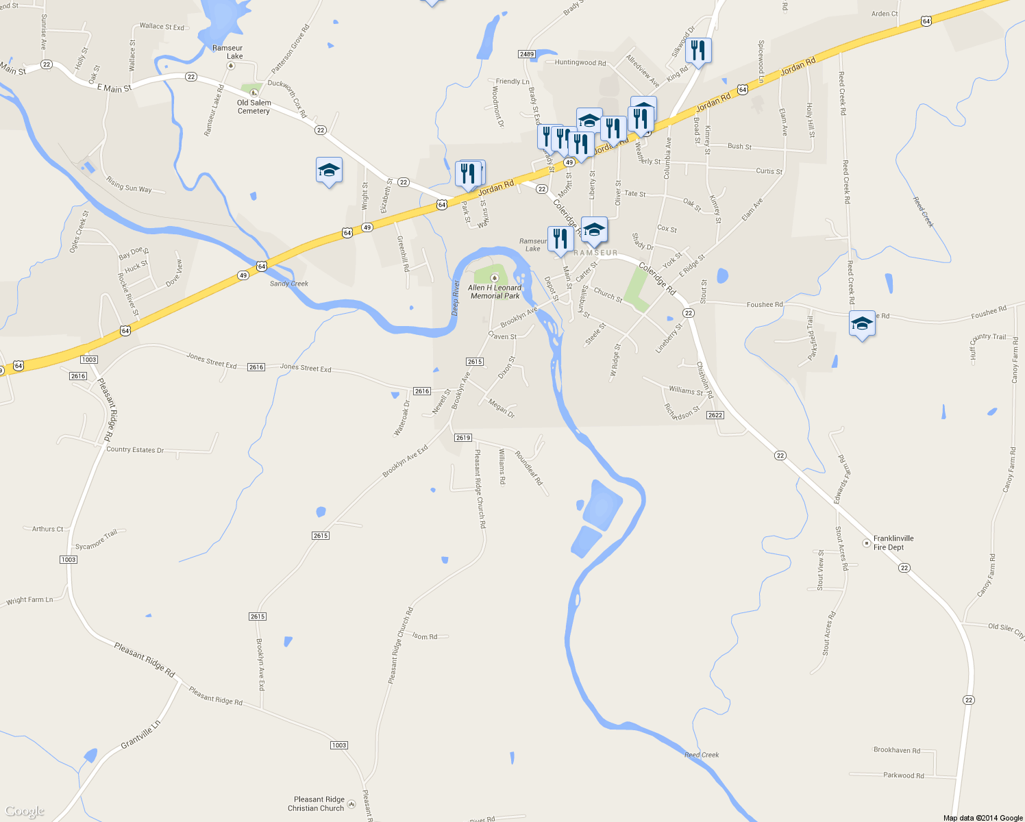 map of restaurants, bars, coffee shops, grocery stores, and more near 2405 Taylor Court in Ramseur