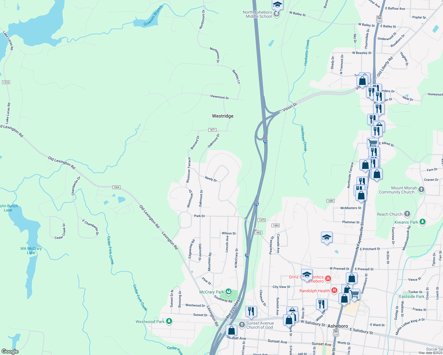 map of restaurants, bars, coffee shops, grocery stores, and more near 1040 Neely Drive in Asheboro