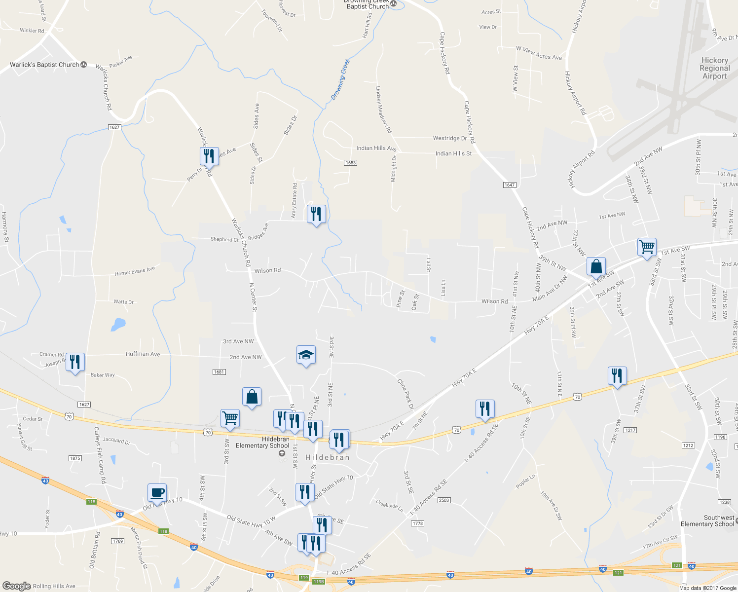 map of restaurants, bars, coffee shops, grocery stores, and more near 3309 Clarence Towery Circle in Hildebran
