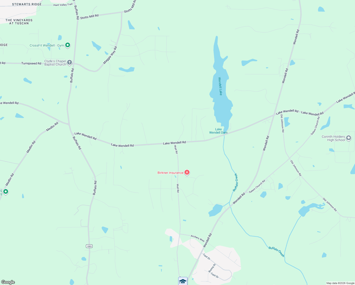 map of restaurants, bars, coffee shops, grocery stores, and more near 1656 Lake Wendell Road in Wendell