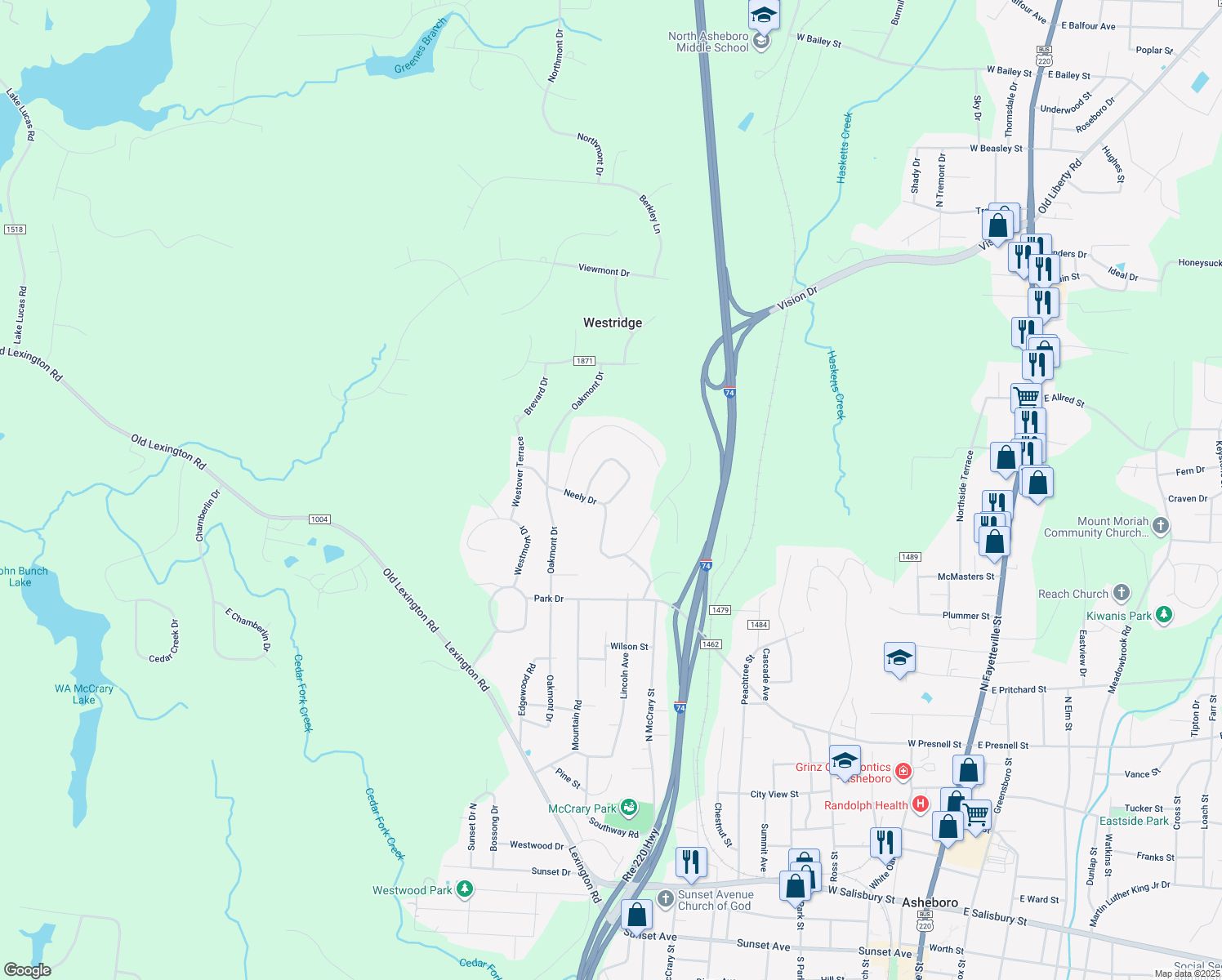 map of restaurants, bars, coffee shops, grocery stores, and more near 1040 Neely Drive in Asheboro