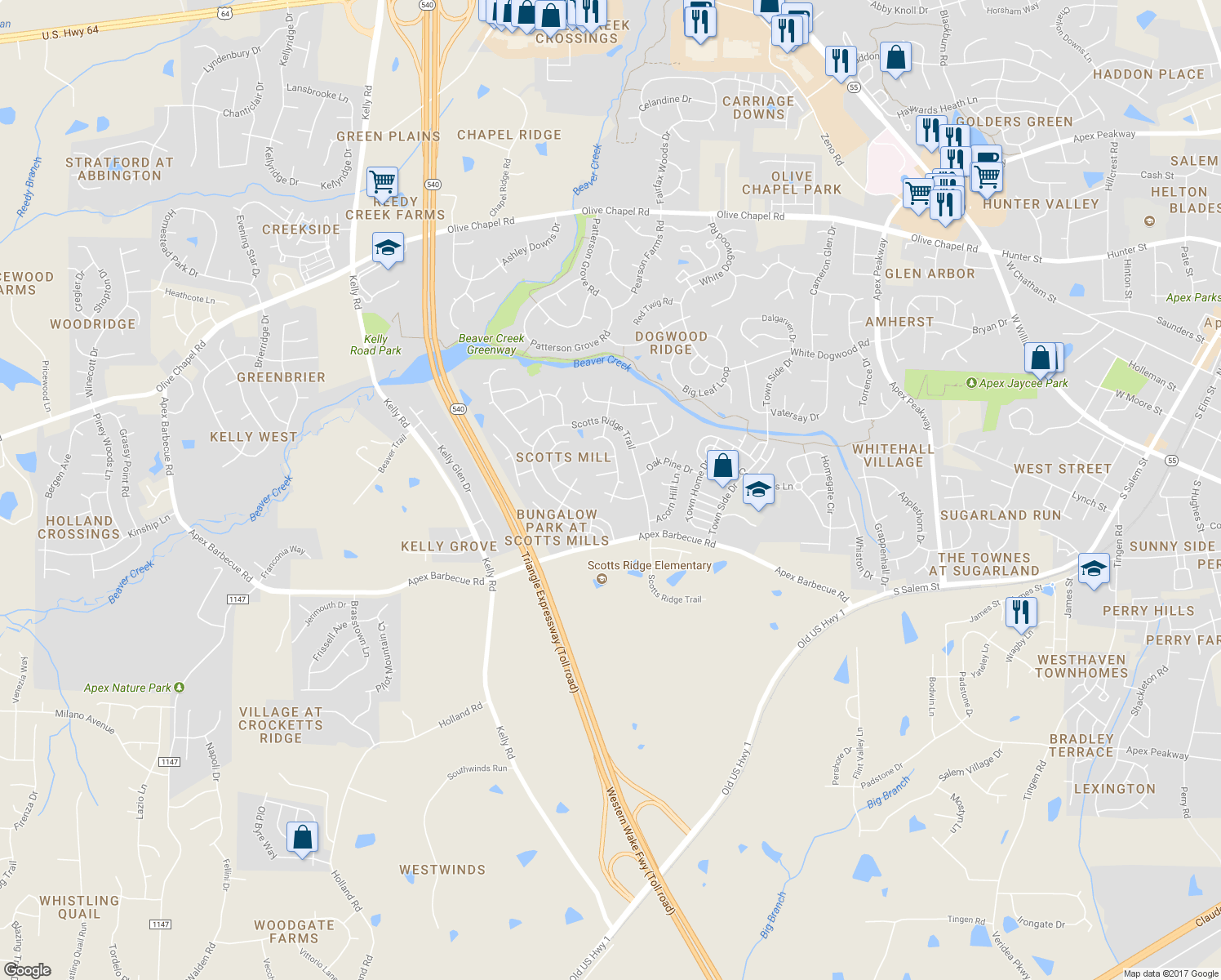 map of restaurants, bars, coffee shops, grocery stores, and more near 201 Pine Mill Ln in Apex