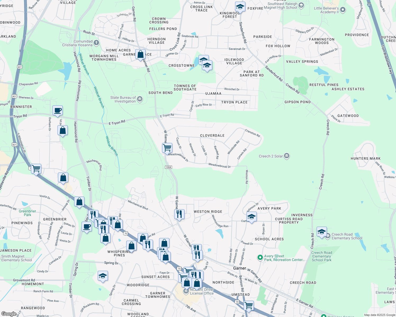 map of restaurants, bars, coffee shops, grocery stores, and more near 502 Kenway Street in Garner