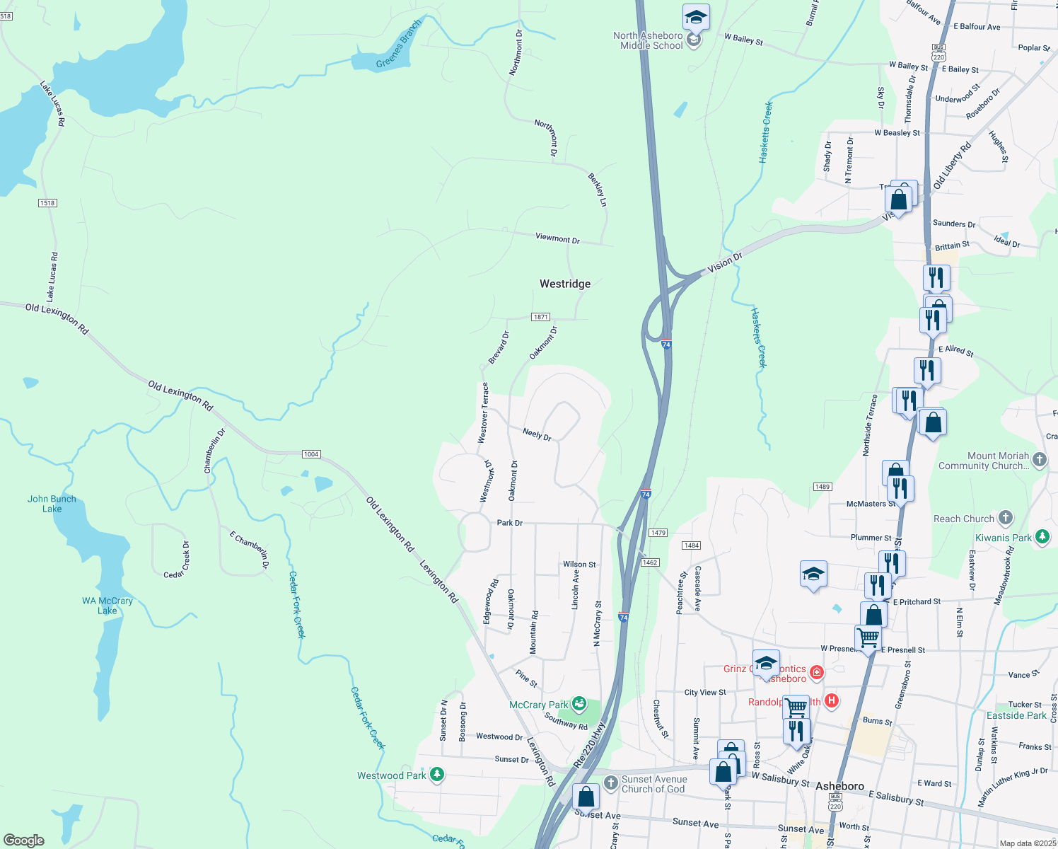 map of restaurants, bars, coffee shops, grocery stores, and more near 1224 Neely Drive in Asheboro