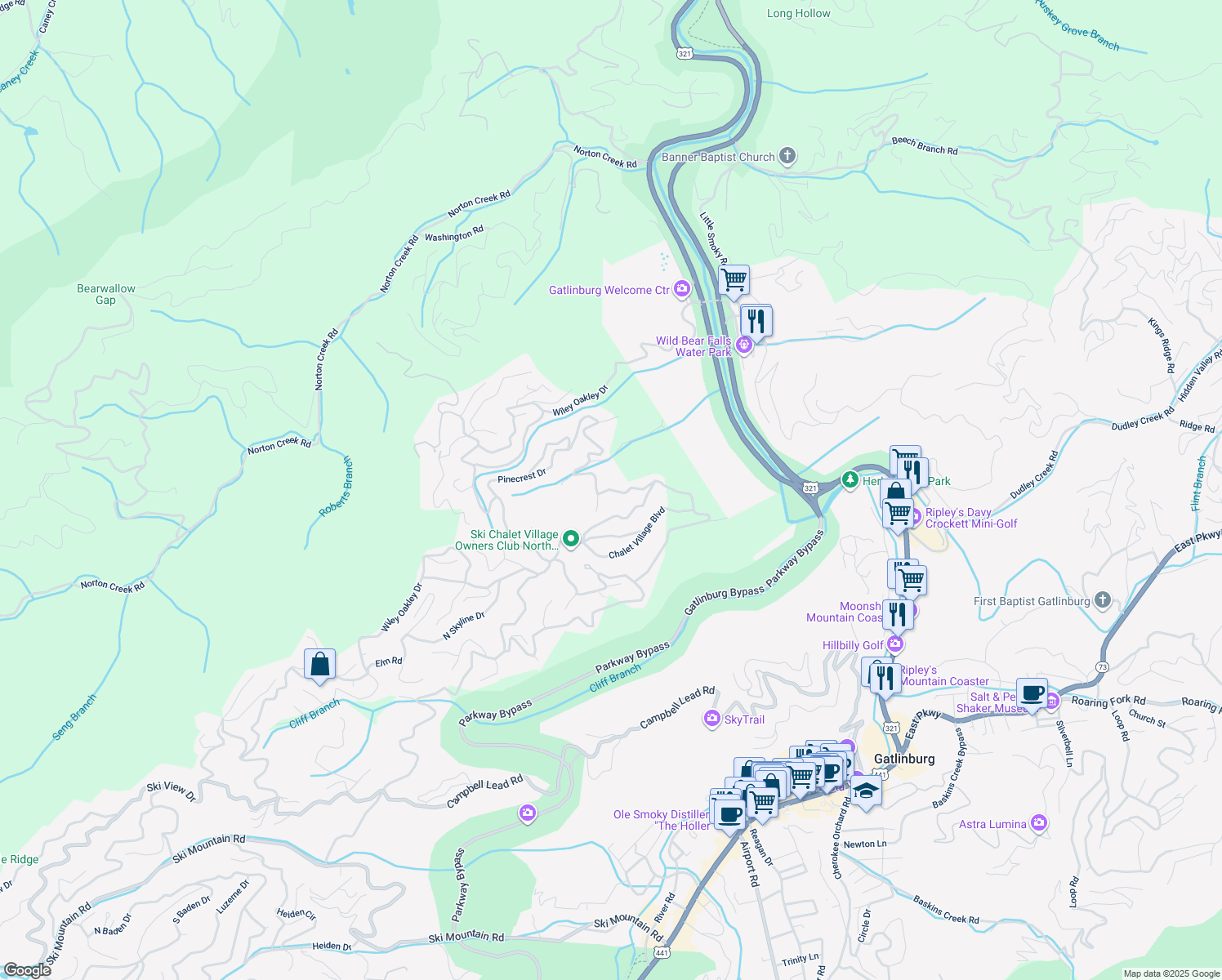 map of restaurants, bars, coffee shops, grocery stores, and more near 944 Crooked Ridge Road in Gatlinburg