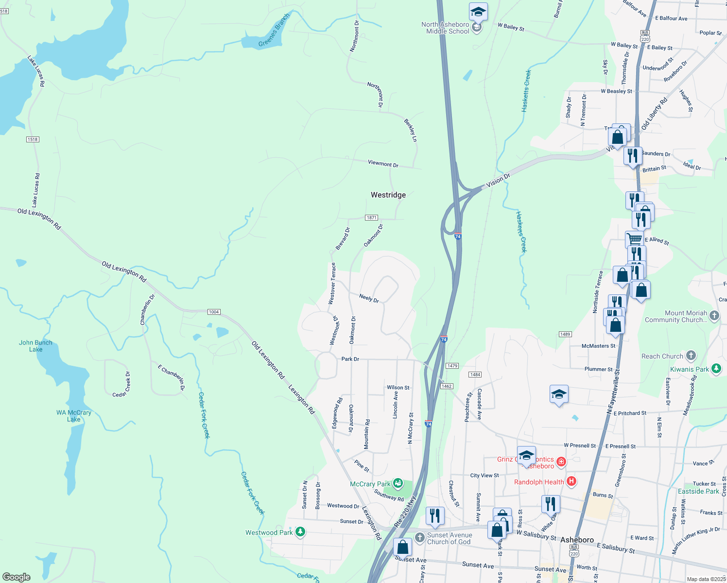 map of restaurants, bars, coffee shops, grocery stores, and more near 1224 Neely Drive in Asheboro