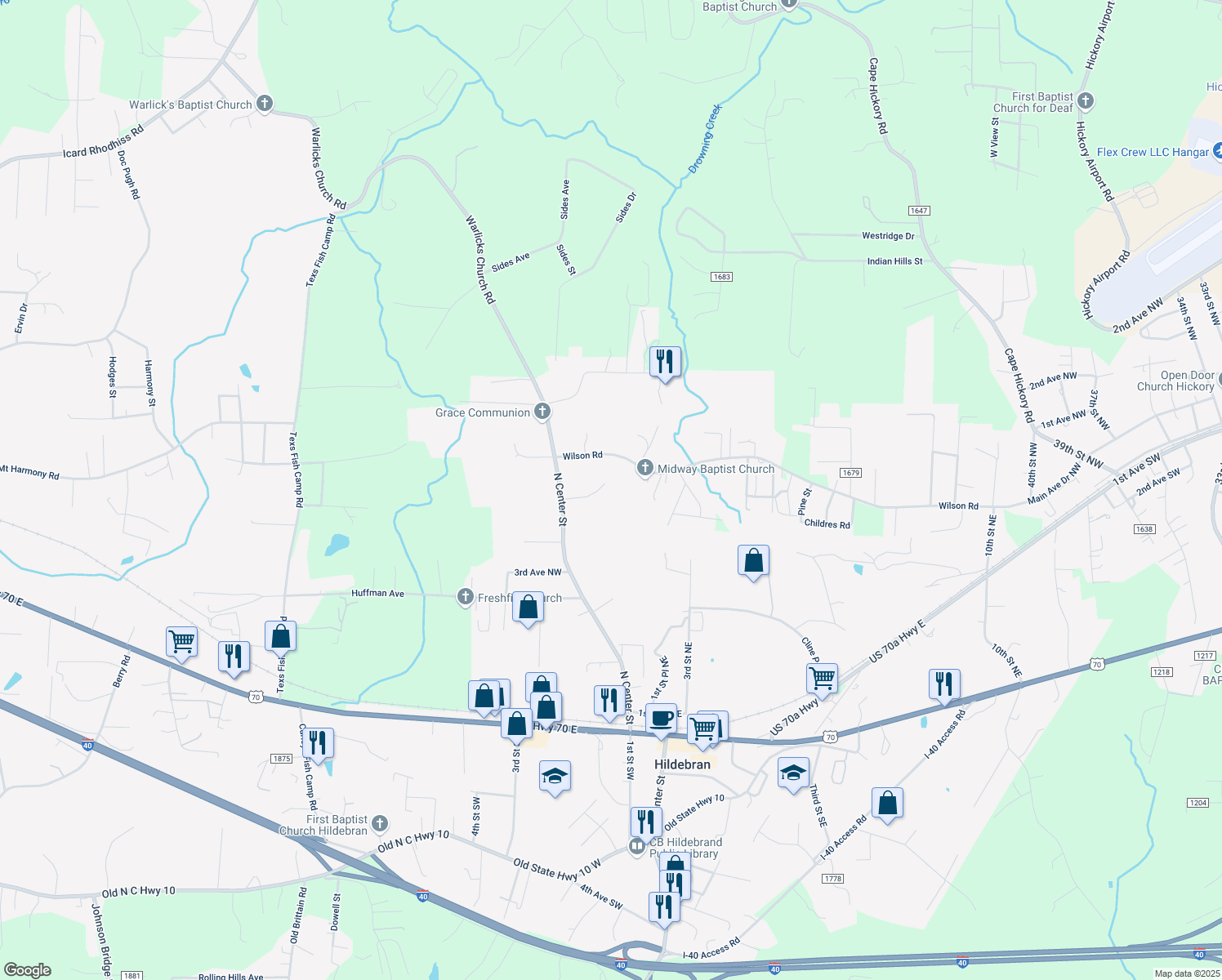 map of restaurants, bars, coffee shops, grocery stores, and more near 8991 Weaver Rd in Hildebran