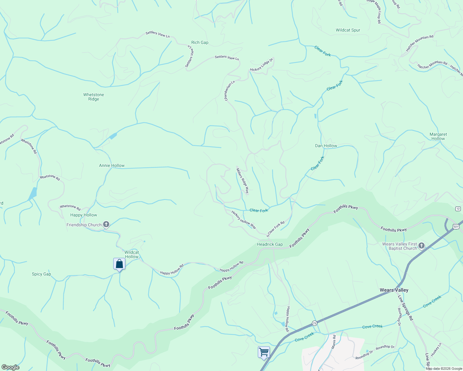 map of restaurants, bars, coffee shops, grocery stores, and more near 2625 Raccoon Hollow Way in Sevierville