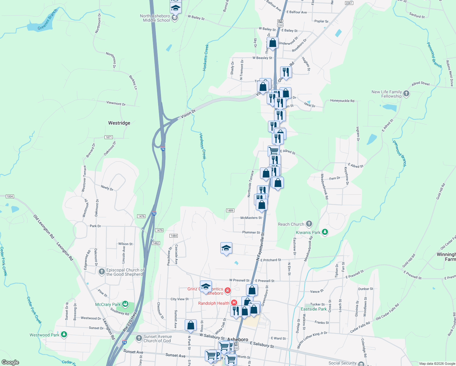 map of restaurants, bars, coffee shops, grocery stores, and more near 346 Woodcrest Road in Asheboro
