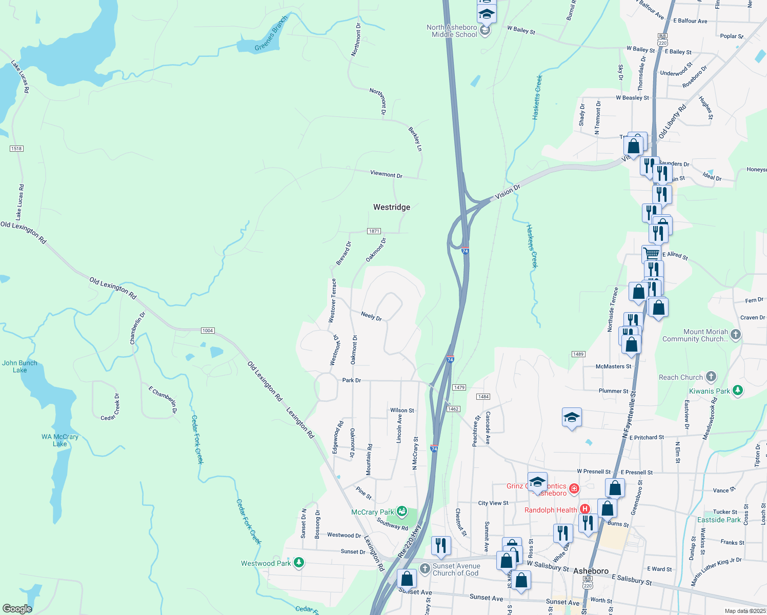 map of restaurants, bars, coffee shops, grocery stores, and more near 1220 Idlewood Drive in Asheboro