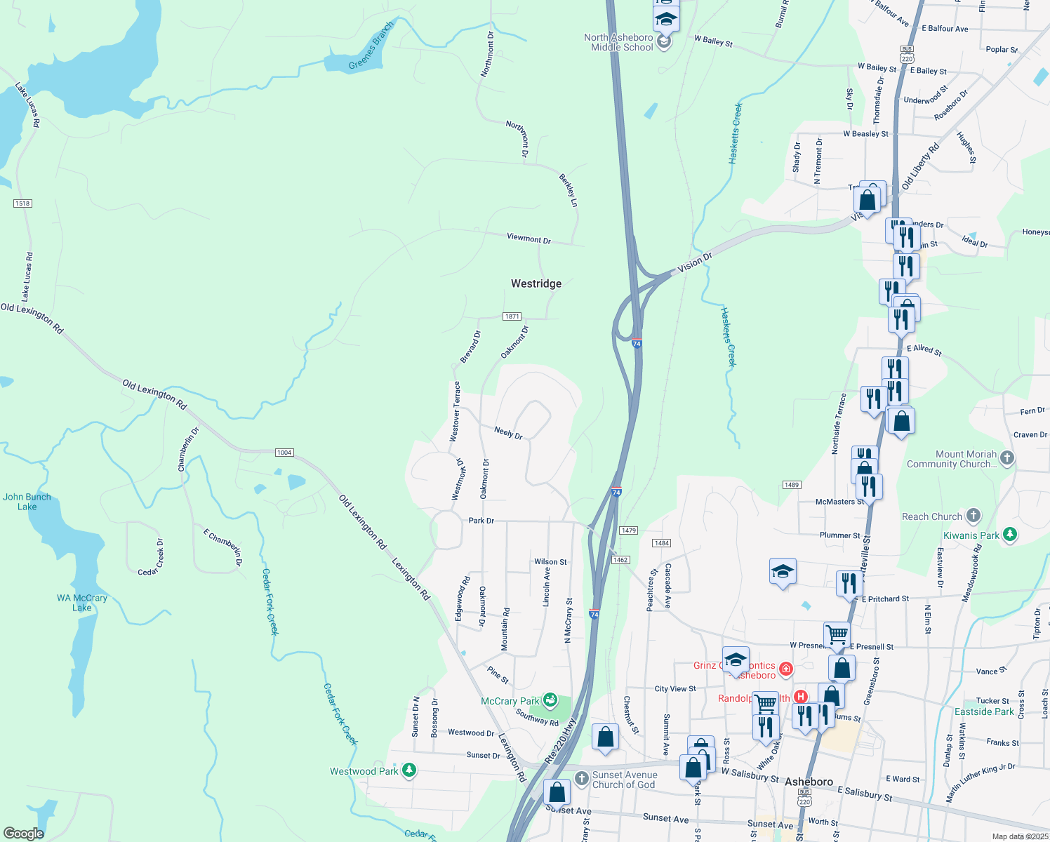 map of restaurants, bars, coffee shops, grocery stores, and more near 1220 Idlewood Drive in Asheboro