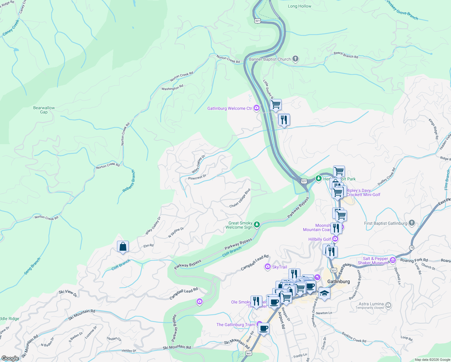 map of restaurants, bars, coffee shops, grocery stores, and more near 920 Crooked Ridge Road in Gatlinburg