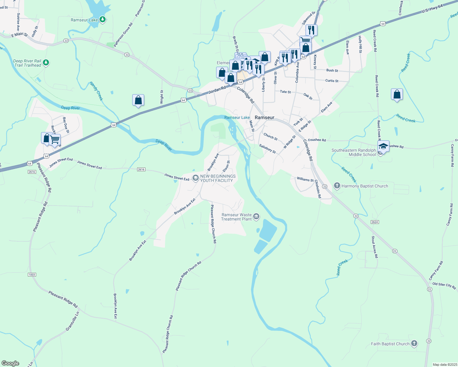 map of restaurants, bars, coffee shops, grocery stores, and more near 2402 Taylor Court in Ramseur