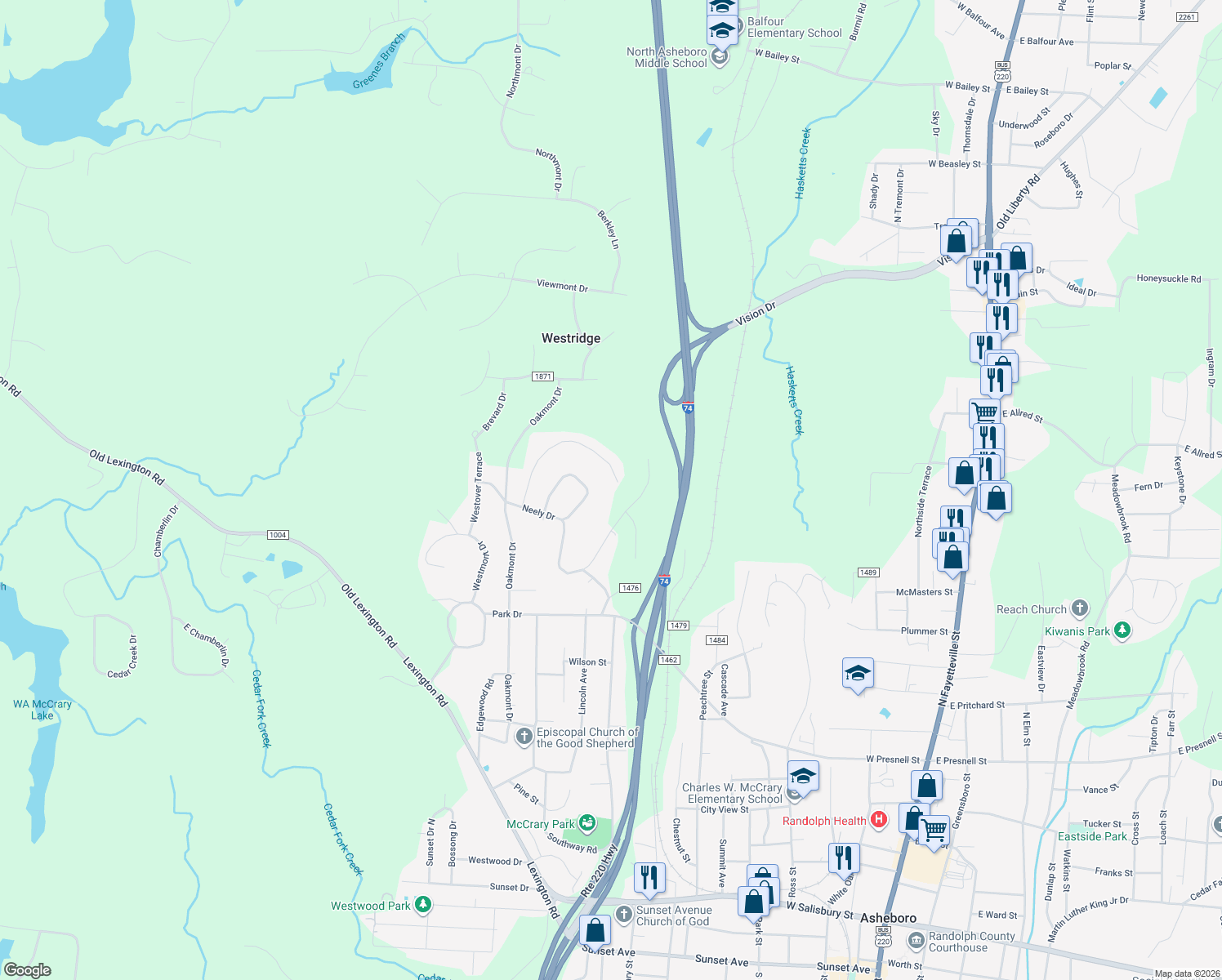 map of restaurants, bars, coffee shops, grocery stores, and more near 1426 Thayer Drive in Asheboro