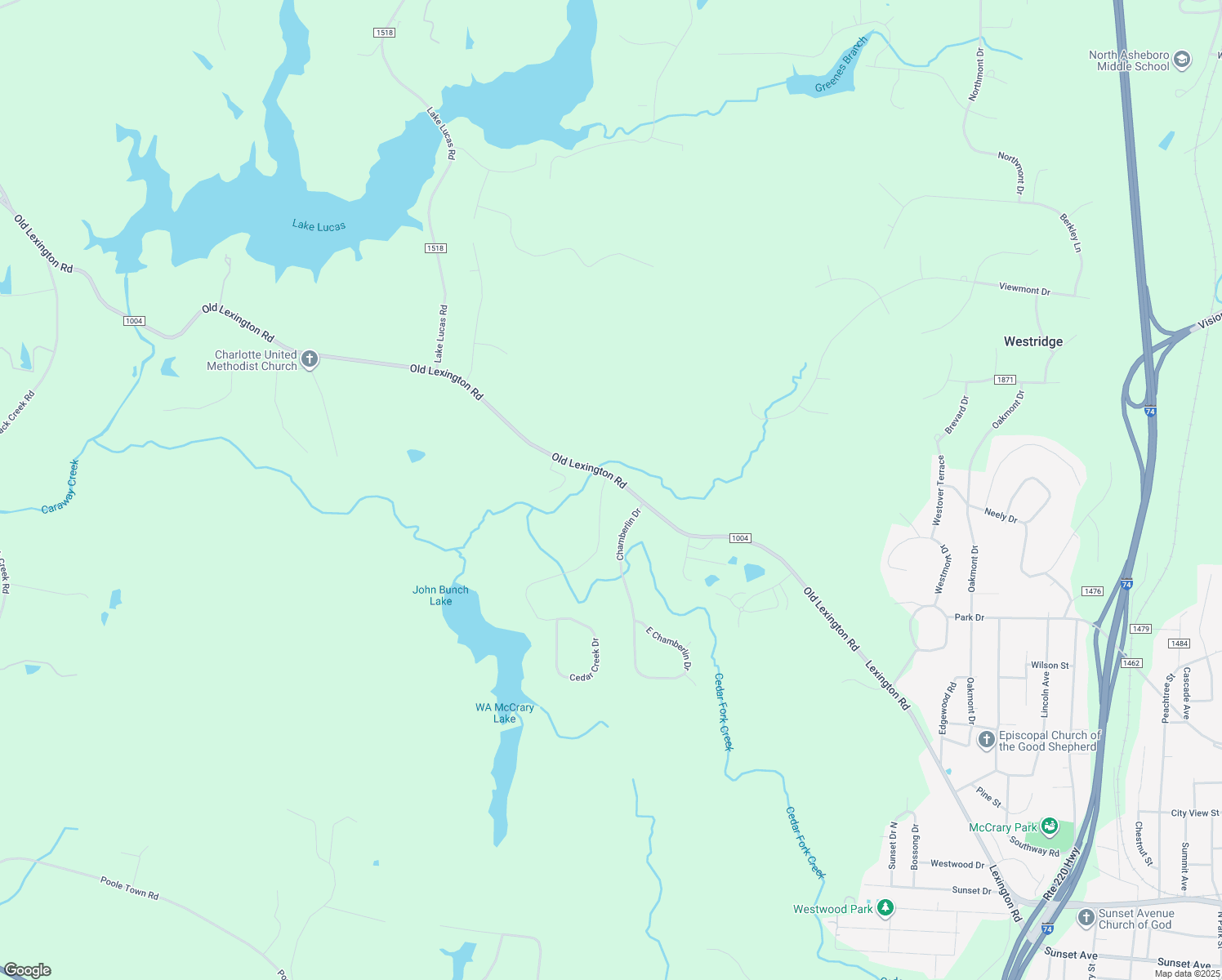 map of restaurants, bars, coffee shops, grocery stores, and more near 1270 Cedar Creek Drive in Asheboro