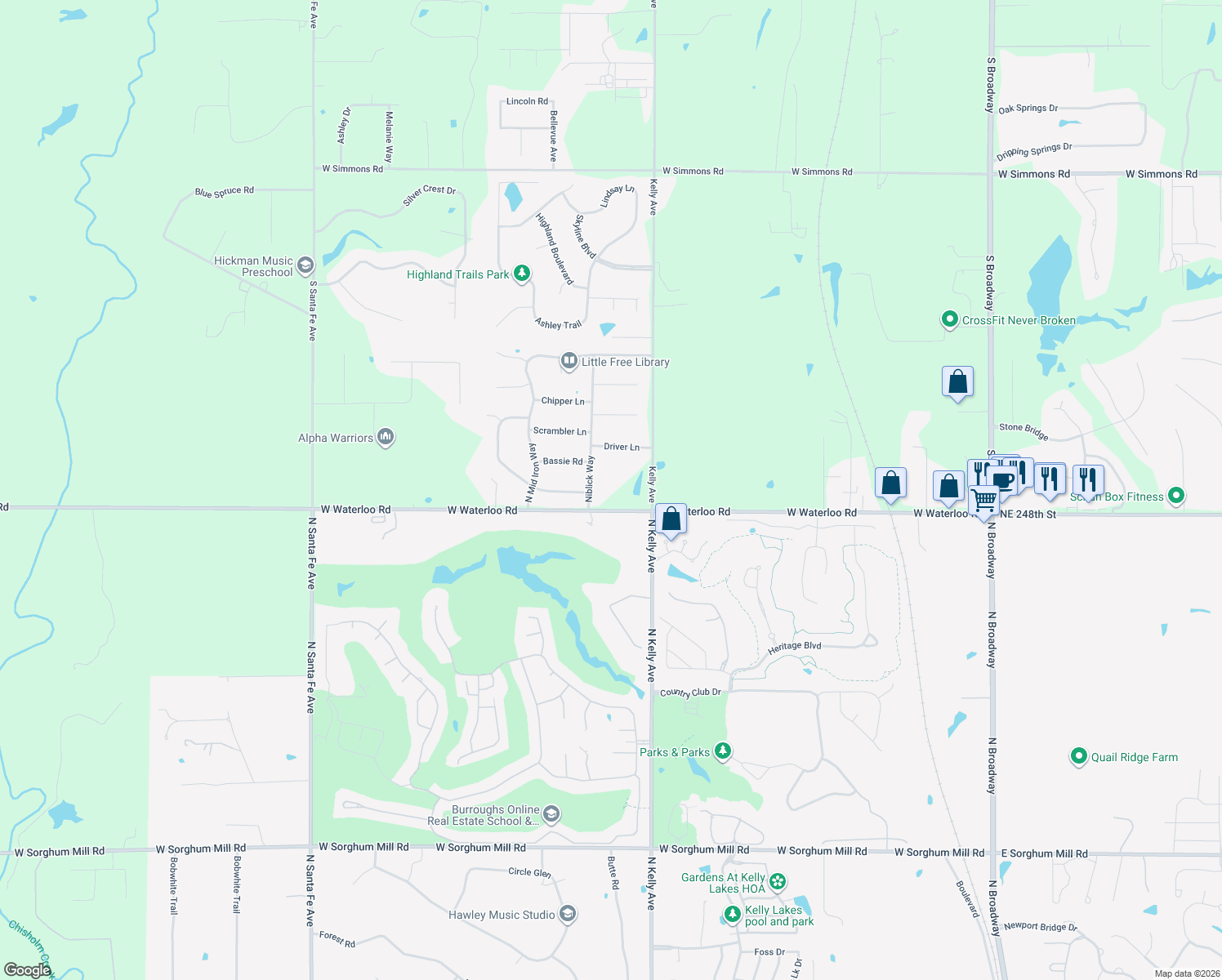map of restaurants, bars, coffee shops, grocery stores, and more near 1101 West Waterloo Road in Edmond