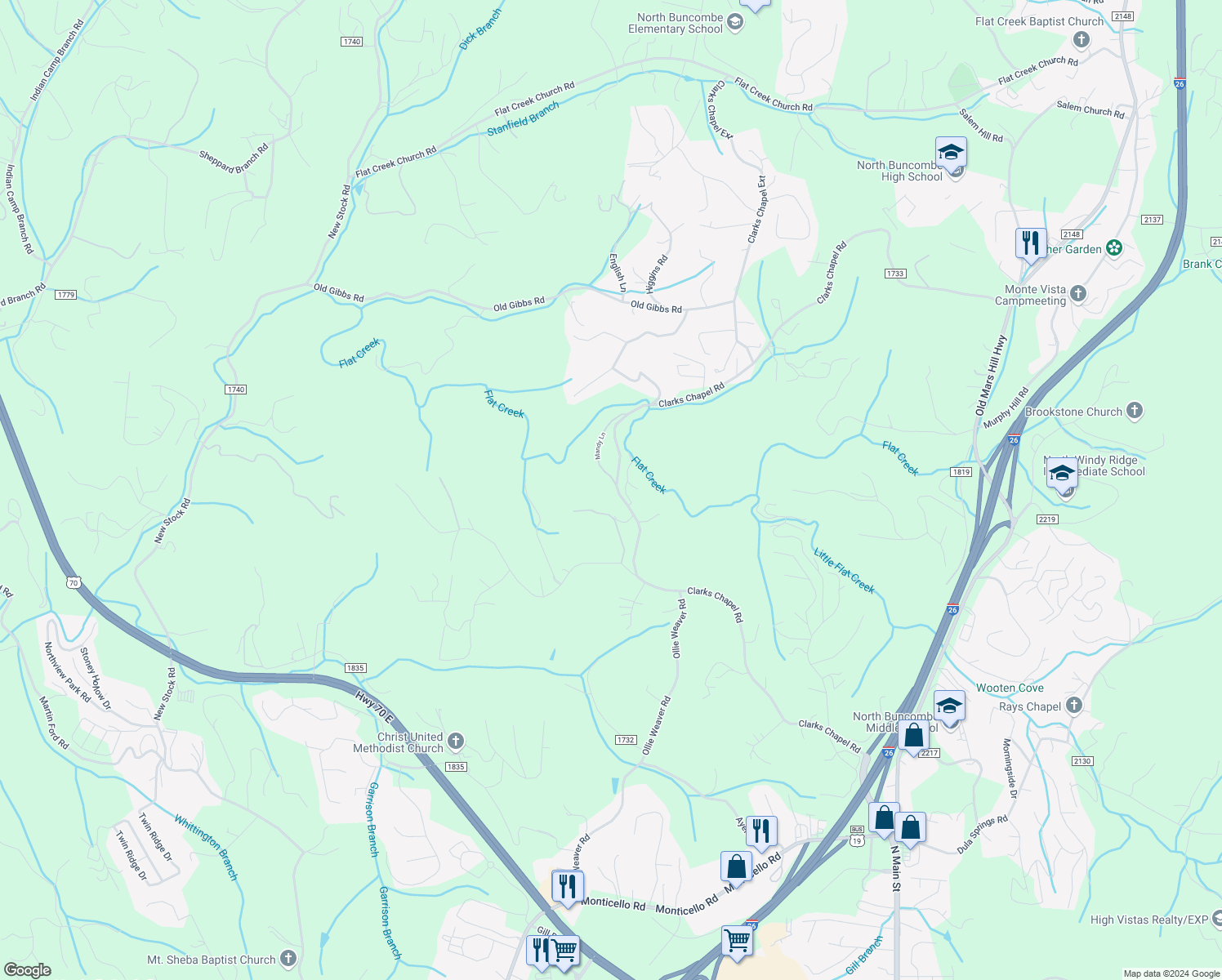 map of restaurants, bars, coffee shops, grocery stores, and more near 380 Clarks Chapel Road in Weaverville
