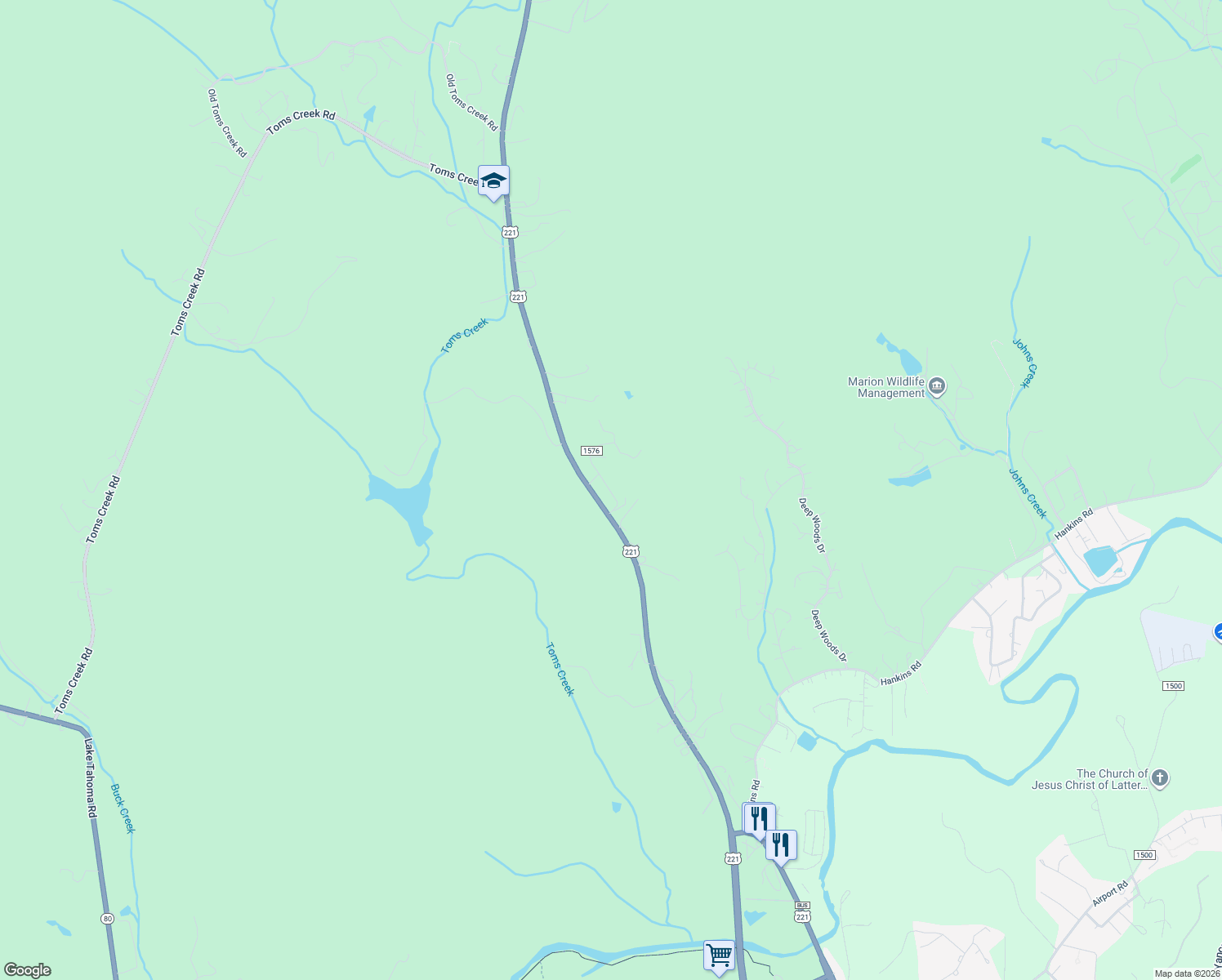 map of restaurants, bars, coffee shops, grocery stores, and more near 88 Padgett Road in Marion