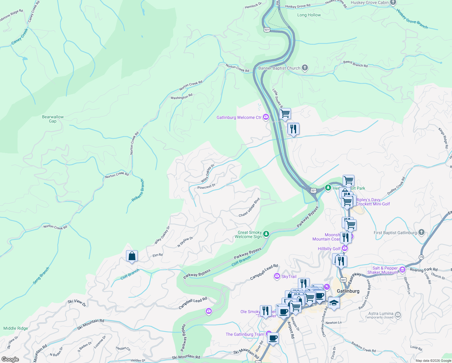 map of restaurants, bars, coffee shops, grocery stores, and more near 844 Crooked Ridge Road in Gatlinburg
