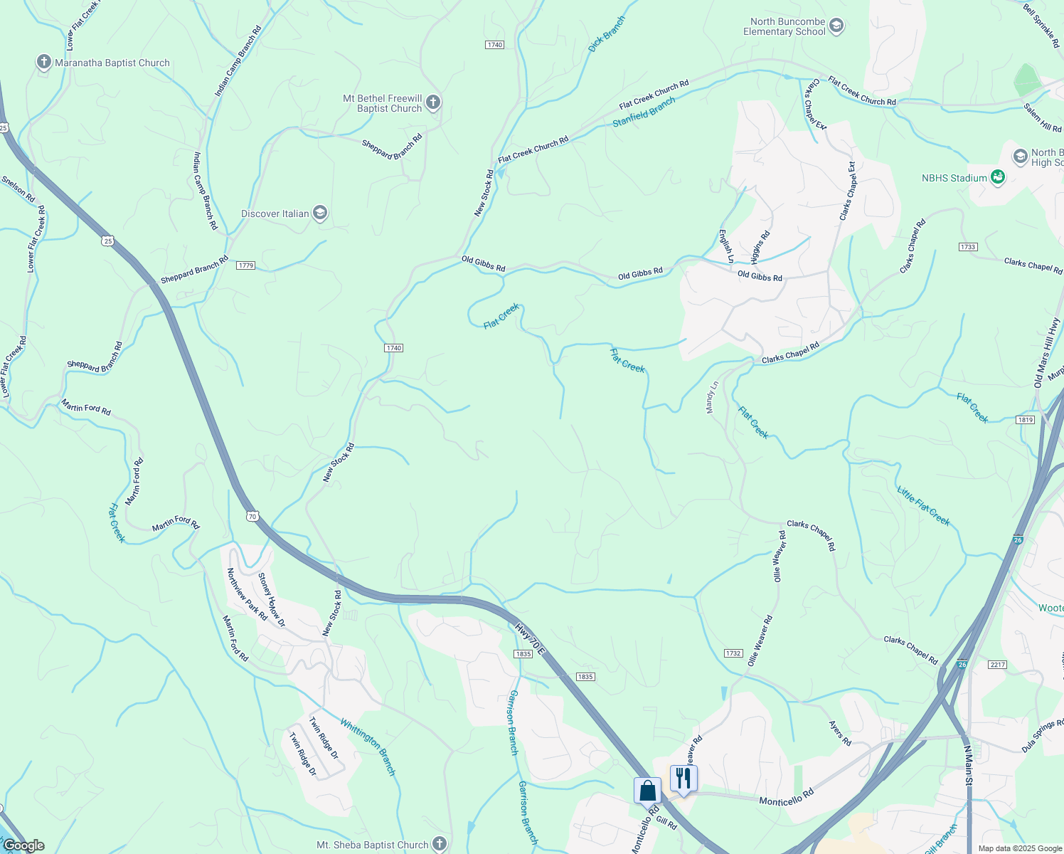 map of restaurants, bars, coffee shops, grocery stores, and more near 161 Greenridge Road in Weaverville