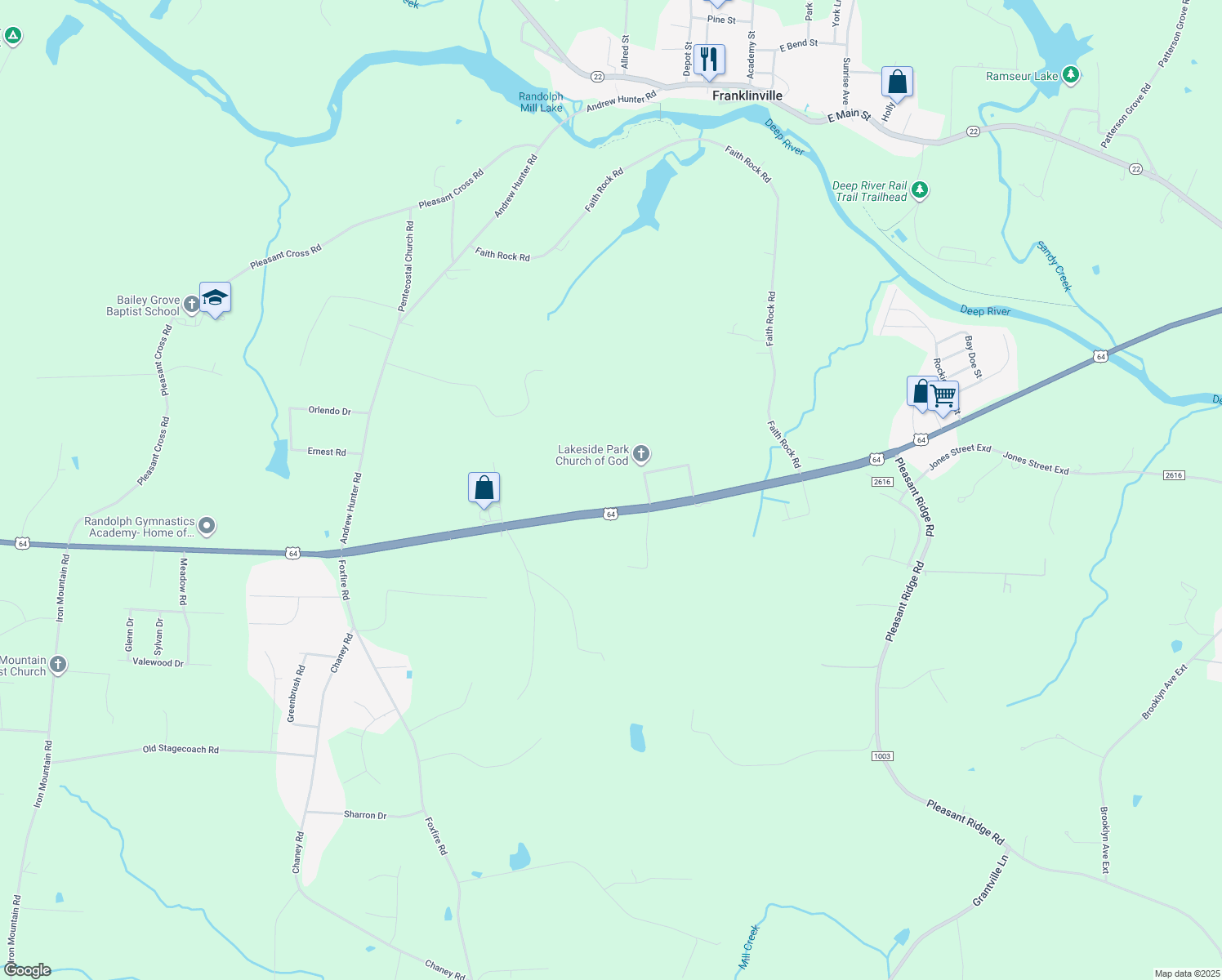 map of restaurants, bars, coffee shops, grocery stores, and more near 4917 U.S. 64 in Franklinville