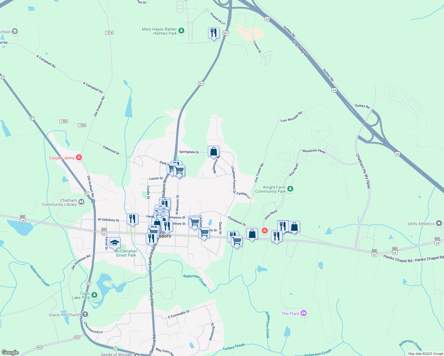 map of restaurants, bars, coffee shops, grocery stores, and more near 95 Chatham Mill Rd in Pittsboro