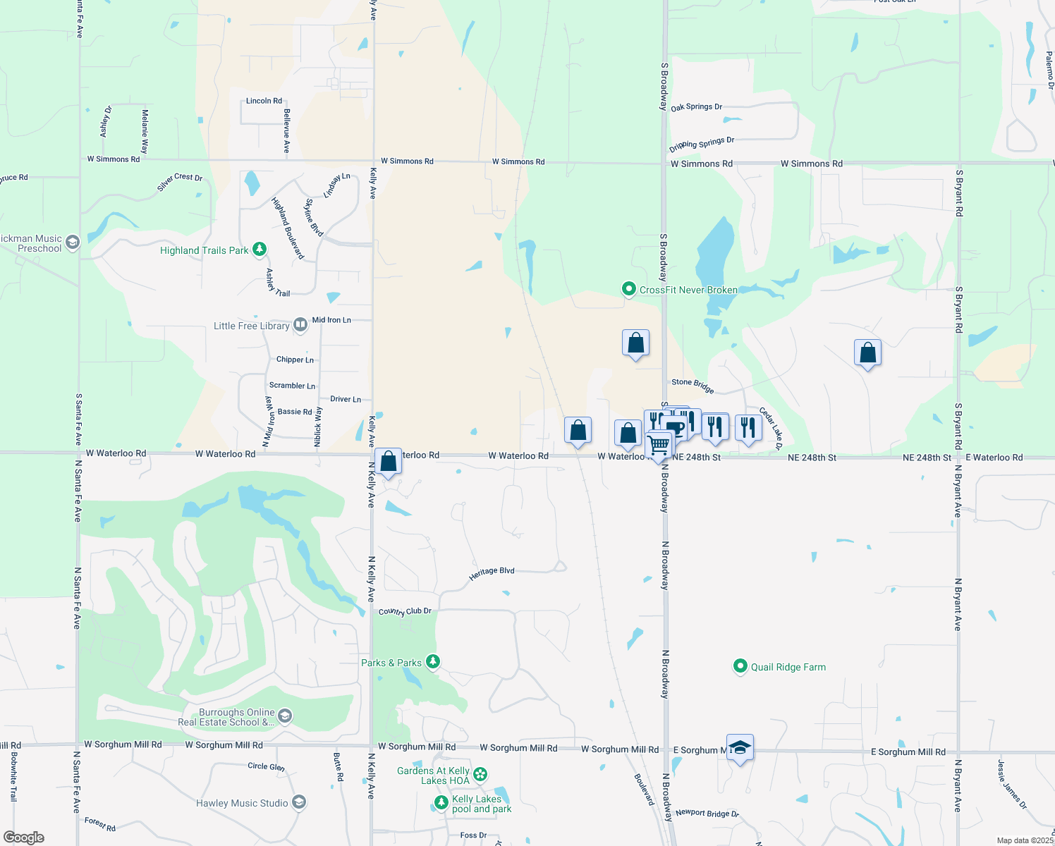 map of restaurants, bars, coffee shops, grocery stores, and more near 7100 Wagon Rd in Edmond