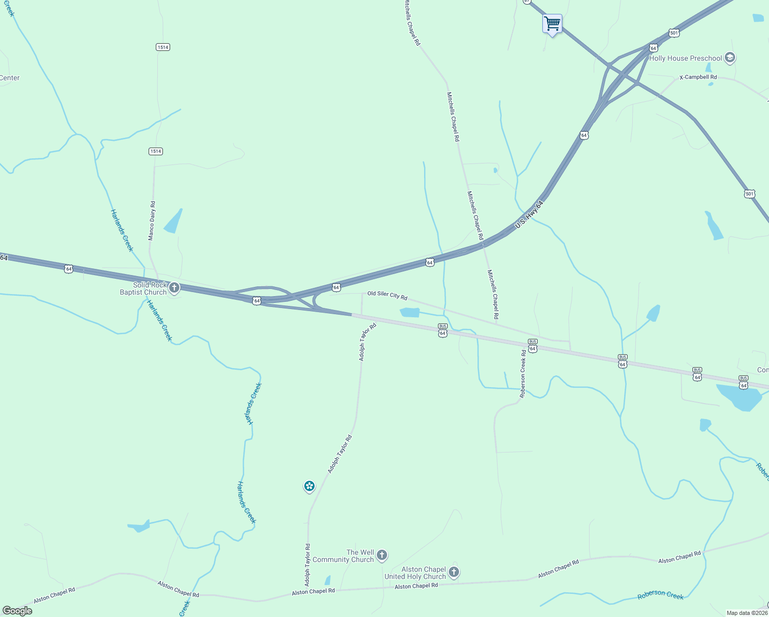 map of restaurants, bars, coffee shops, grocery stores, and more near 2900 U.S. 64 Business in Pittsboro