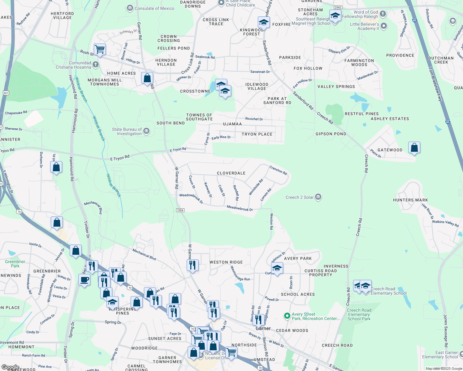 map of restaurants, bars, coffee shops, grocery stores, and more near 3814 Randell Road in Garner