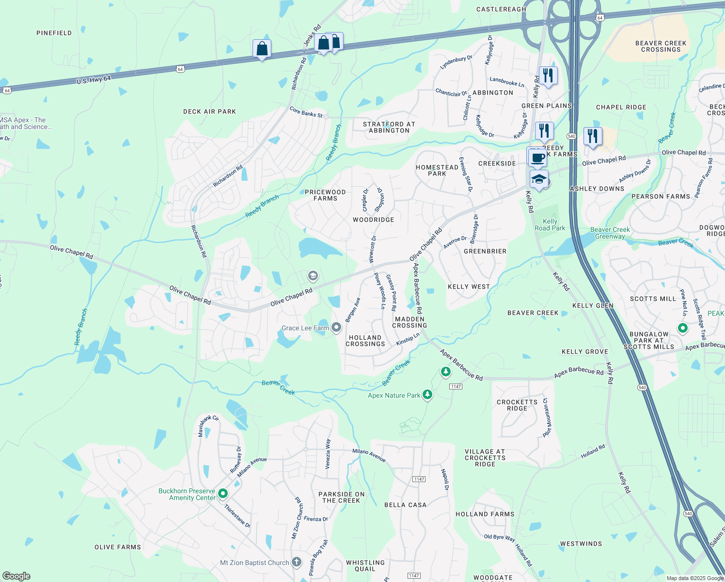 map of restaurants, bars, coffee shops, grocery stores, and more near 205 Bergen Avenue in Apex