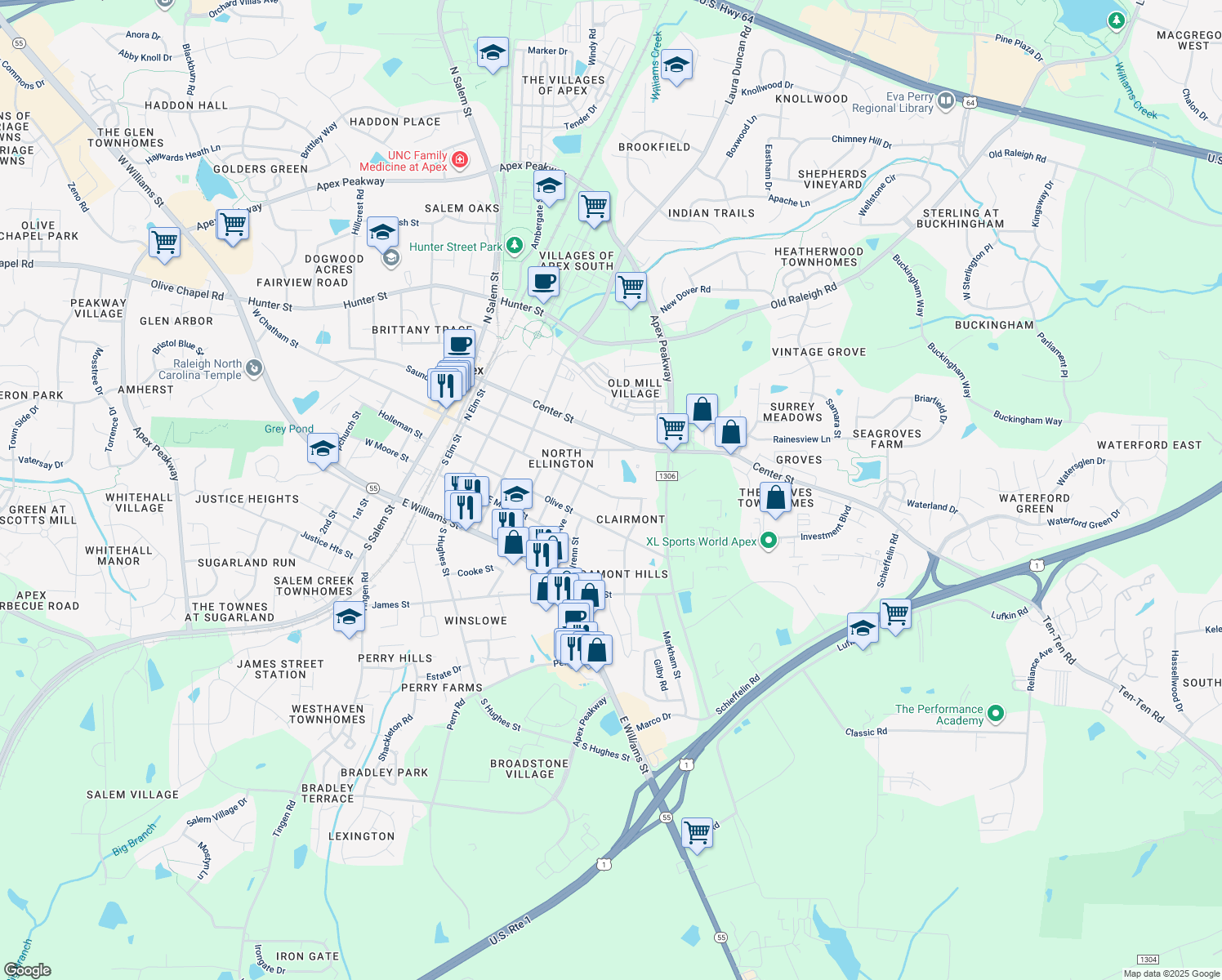 map of restaurants, bars, coffee shops, grocery stores, and more near 713 East Chatham Street in Apex