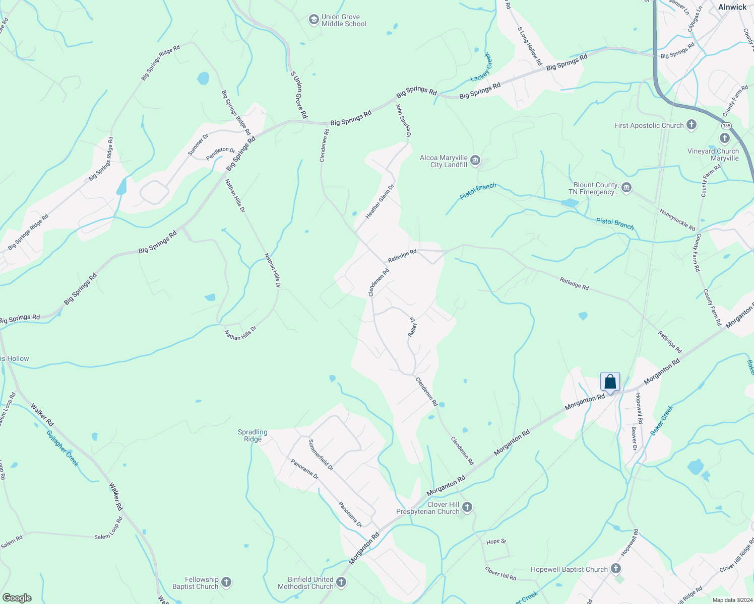map of restaurants, bars, coffee shops, grocery stores, and more near 1212 Clendenen Road in Maryville