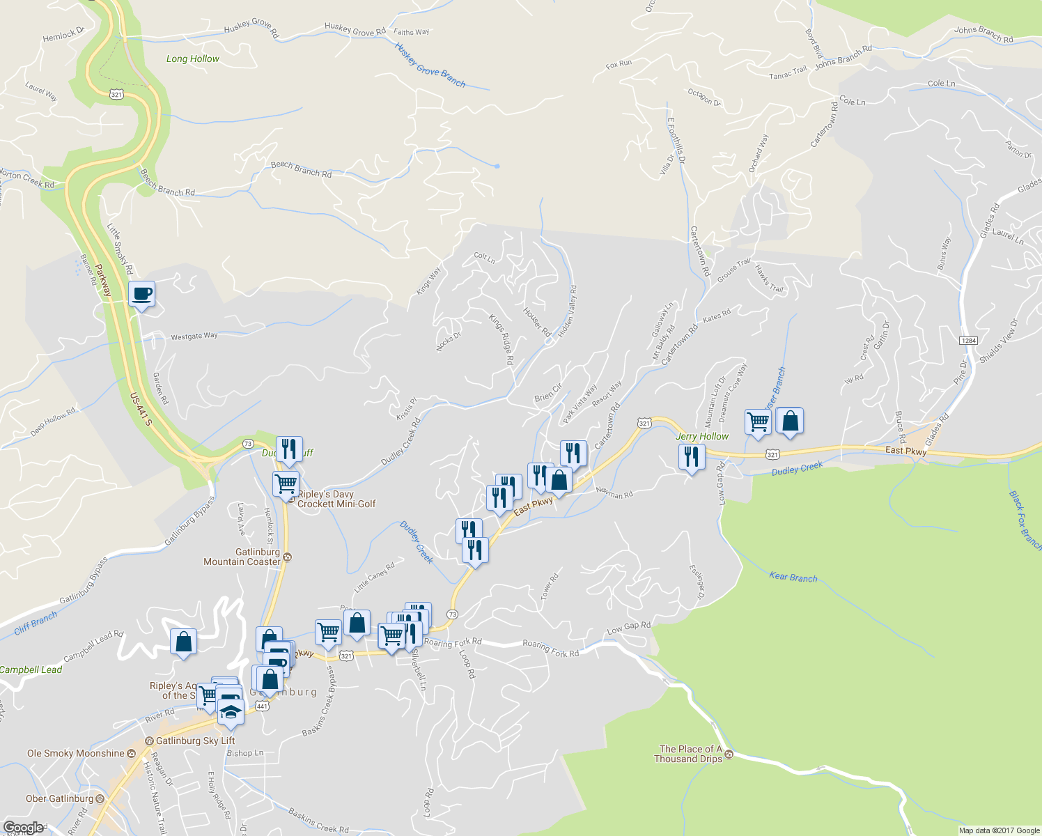 map of restaurants, bars, coffee shops, grocery stores, and more near 646 Ridge Top Loop in Gatlinburg