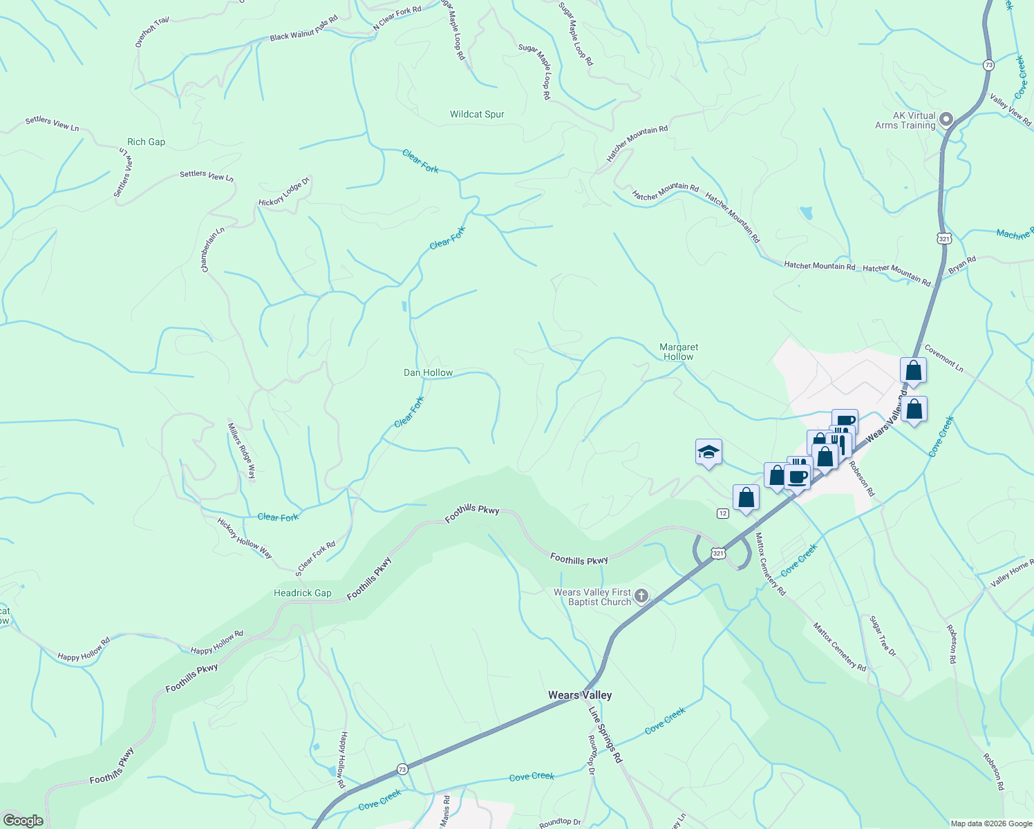 map of restaurants, bars, coffee shops, grocery stores, and more near 2681 South Clear Fork Road in Sevierville