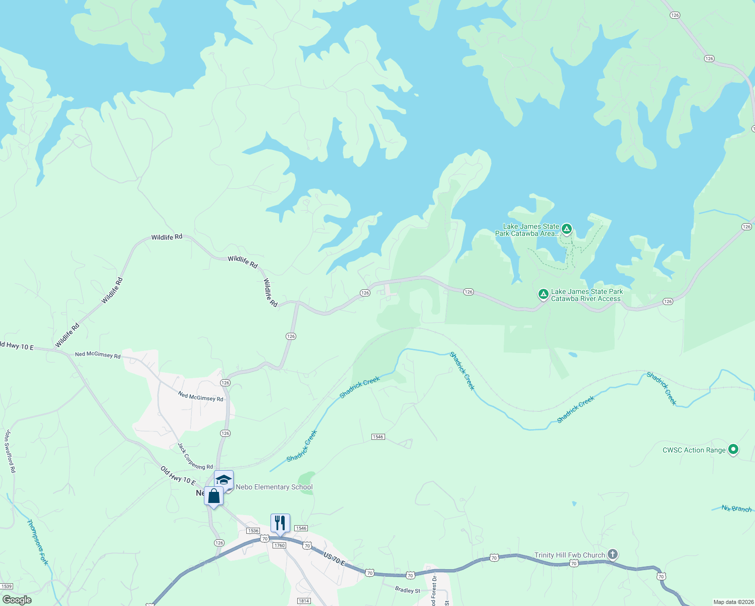 map of restaurants, bars, coffee shops, grocery stores, and more near 160 North Fairway Drive in Nebo