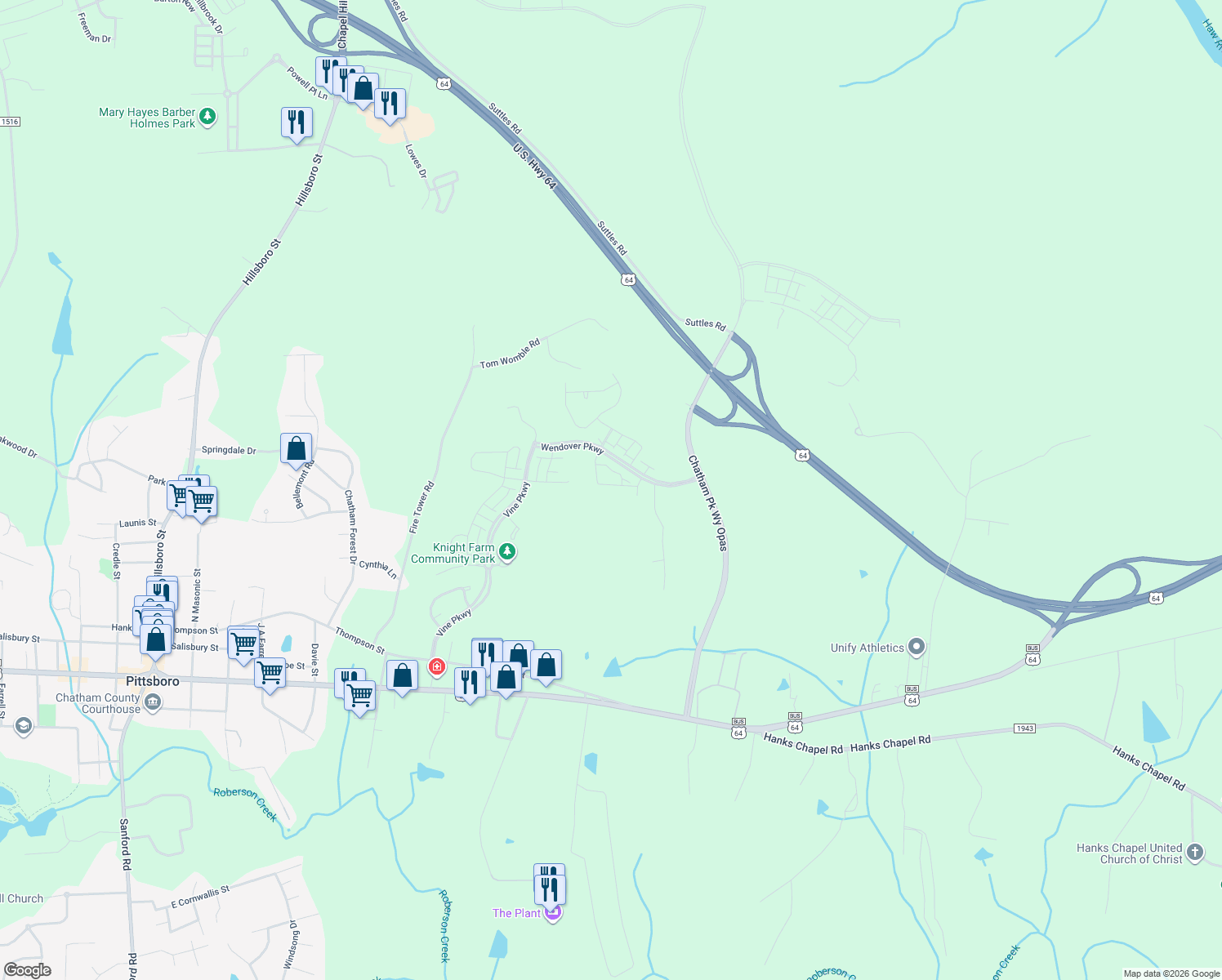 map of restaurants, bars, coffee shops, grocery stores, and more near 152 Norwell Lane in Pittsboro