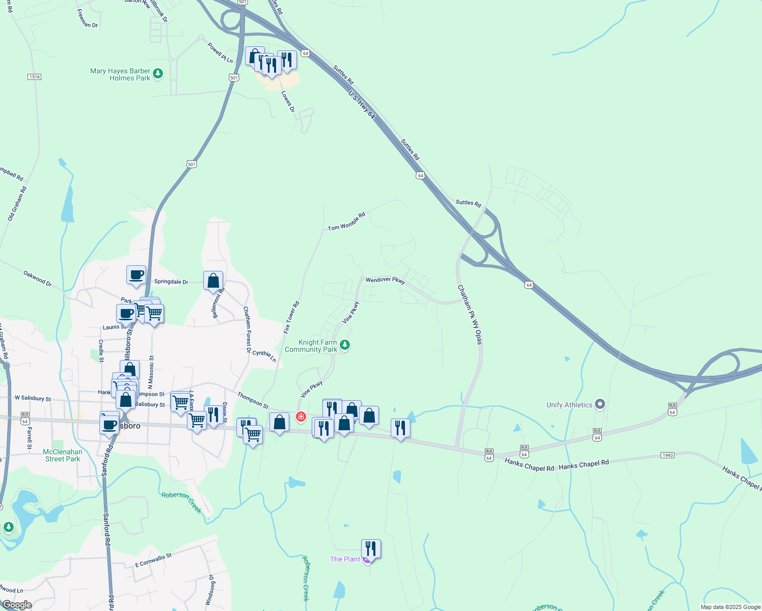 map of restaurants, bars, coffee shops, grocery stores, and more near 122 Shergold Drive in Pittsboro