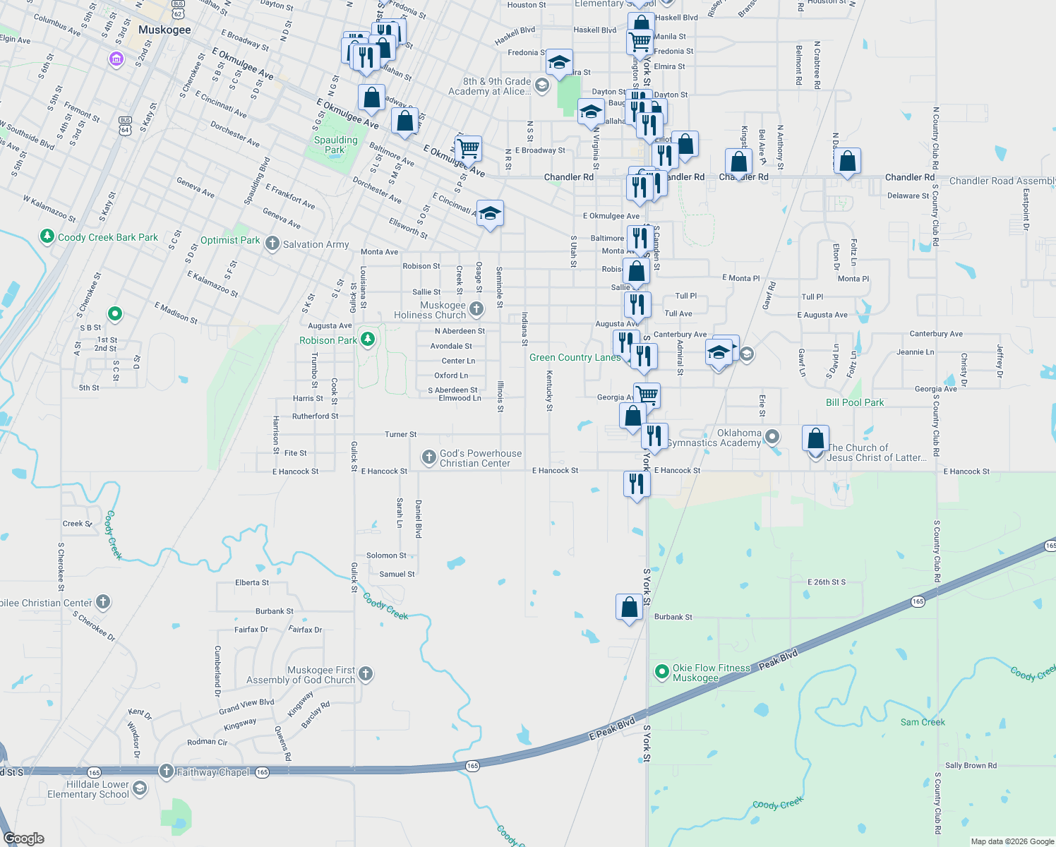 map of restaurants, bars, coffee shops, grocery stores, and more near 1306 Indiana Street in Muskogee